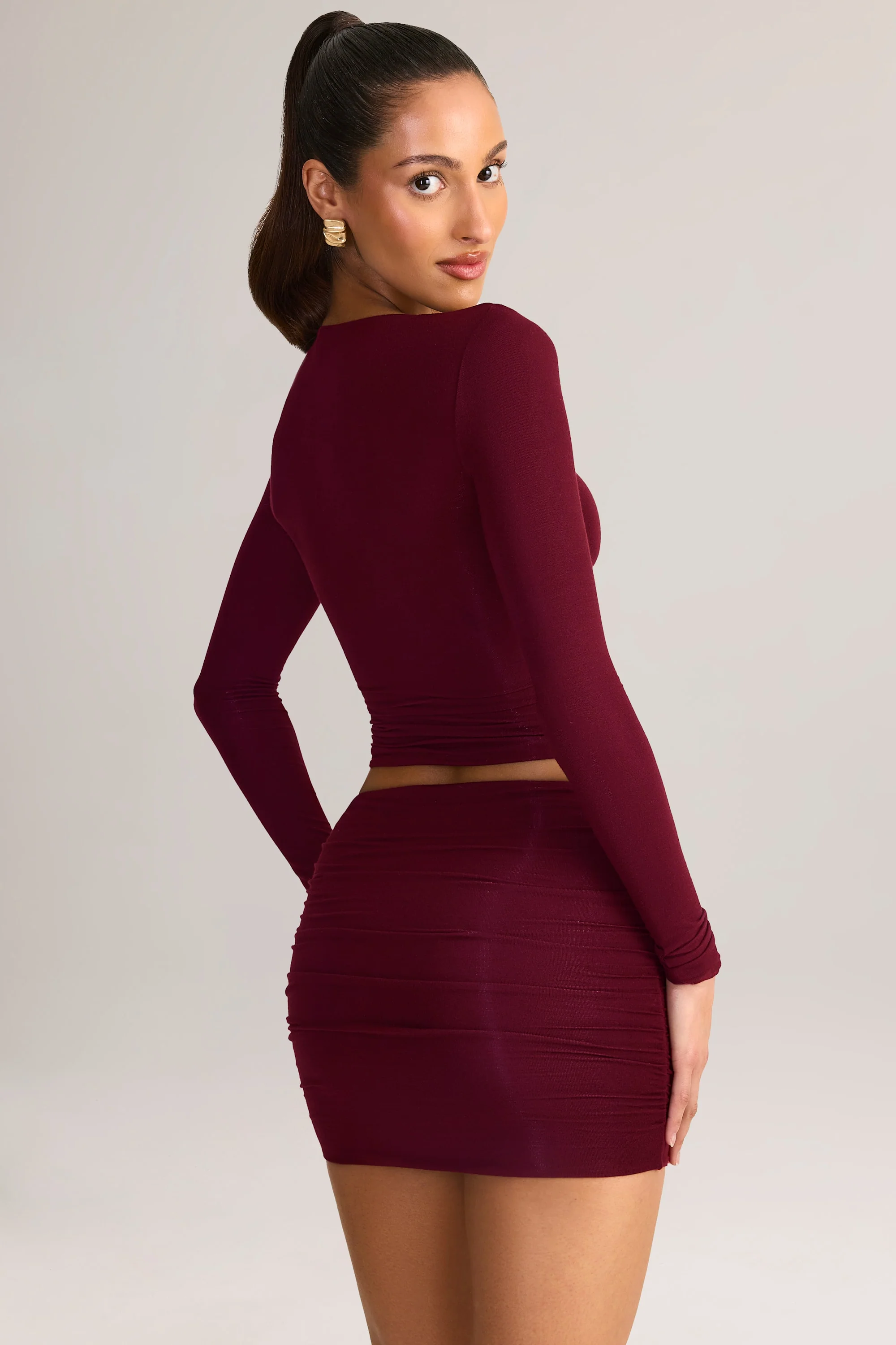 Modal Ruched Mid-Rise Mini Skirt in Wine Red - Image 8
