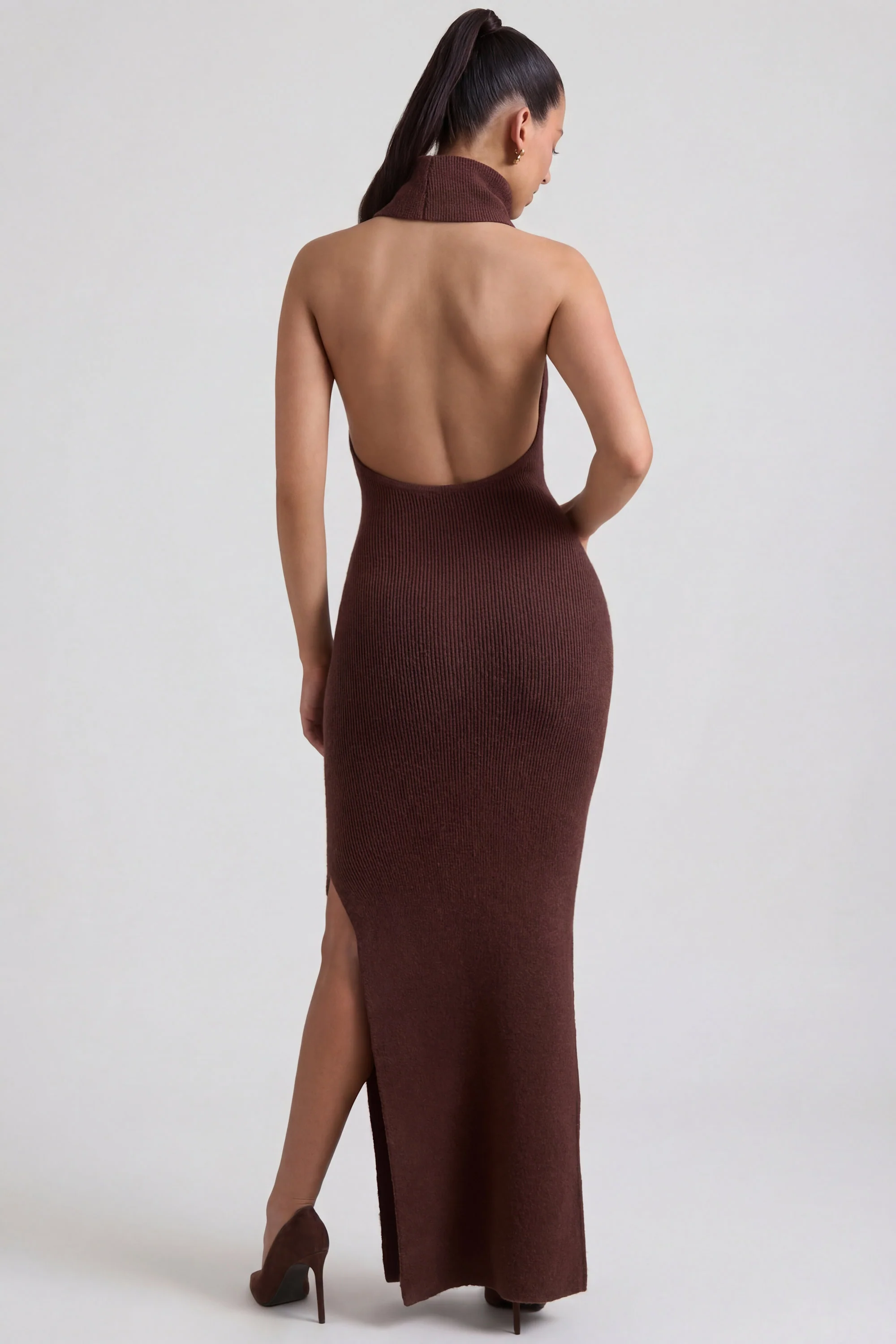 Ribbed-Knit Turtleneck Backless Maxi Dress in Espresso - Image 2
