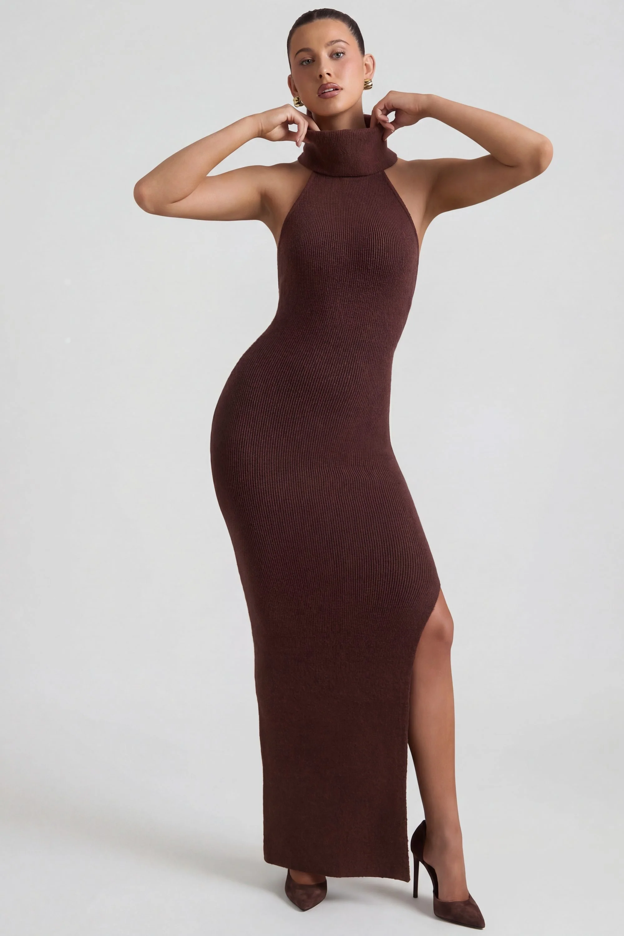 Ribbed-Knit Turtleneck Backless Maxi Dress in Espresso - Image 6