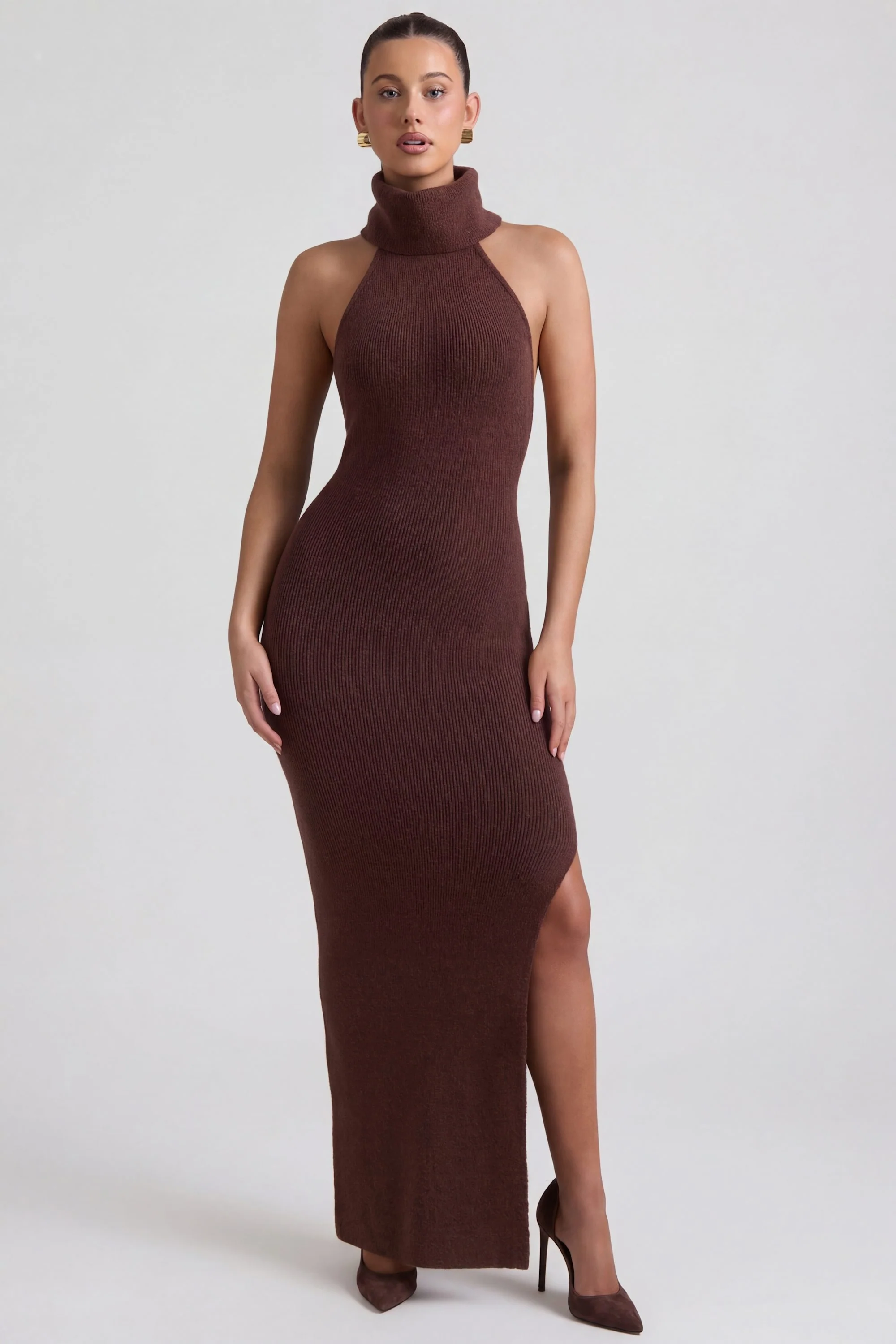 Ribbed-Knit Turtleneck Backless Maxi Dress in Espresso - Image 9