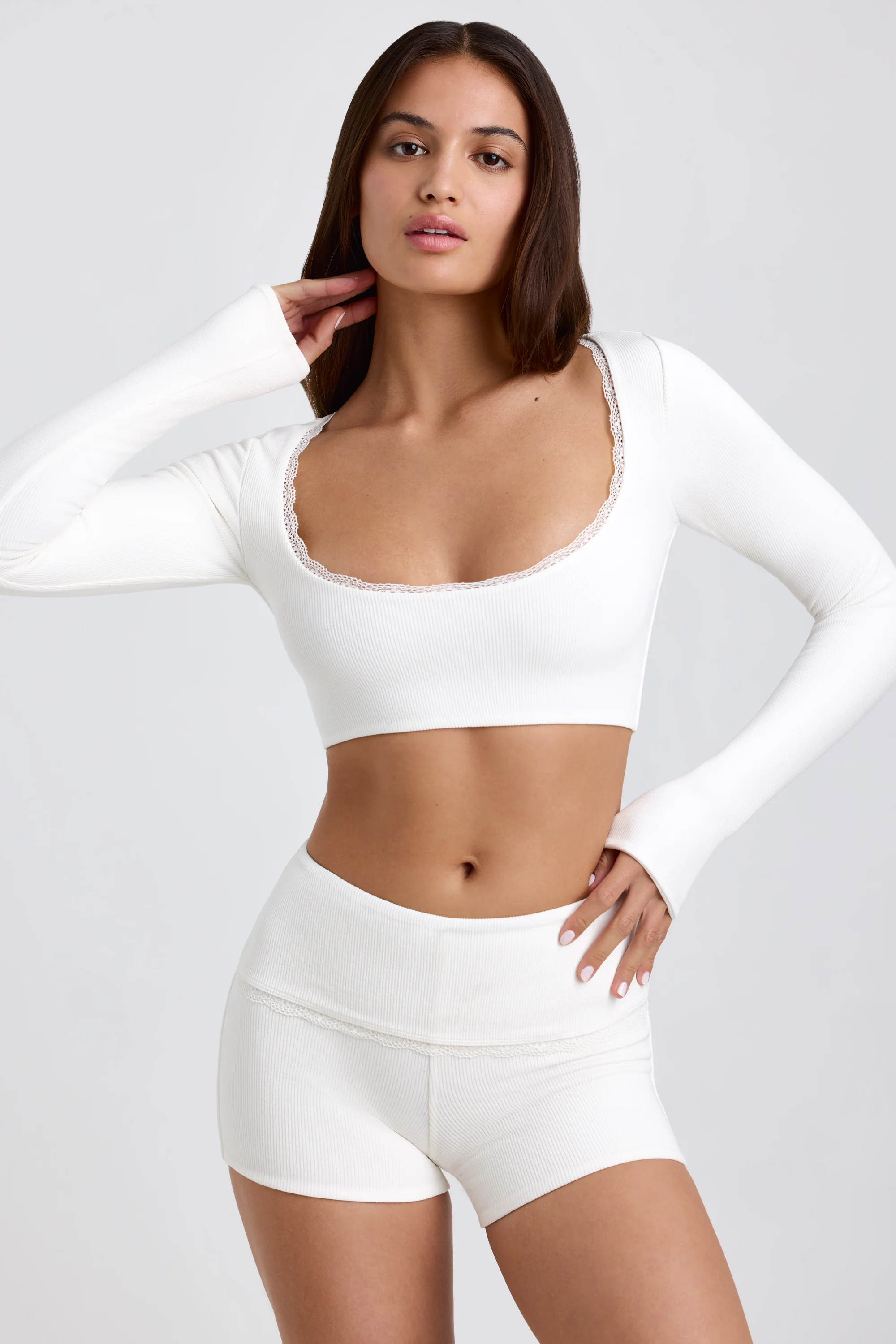 Ribbed Modal Lace-Trim Crop Top in White - Image 6
