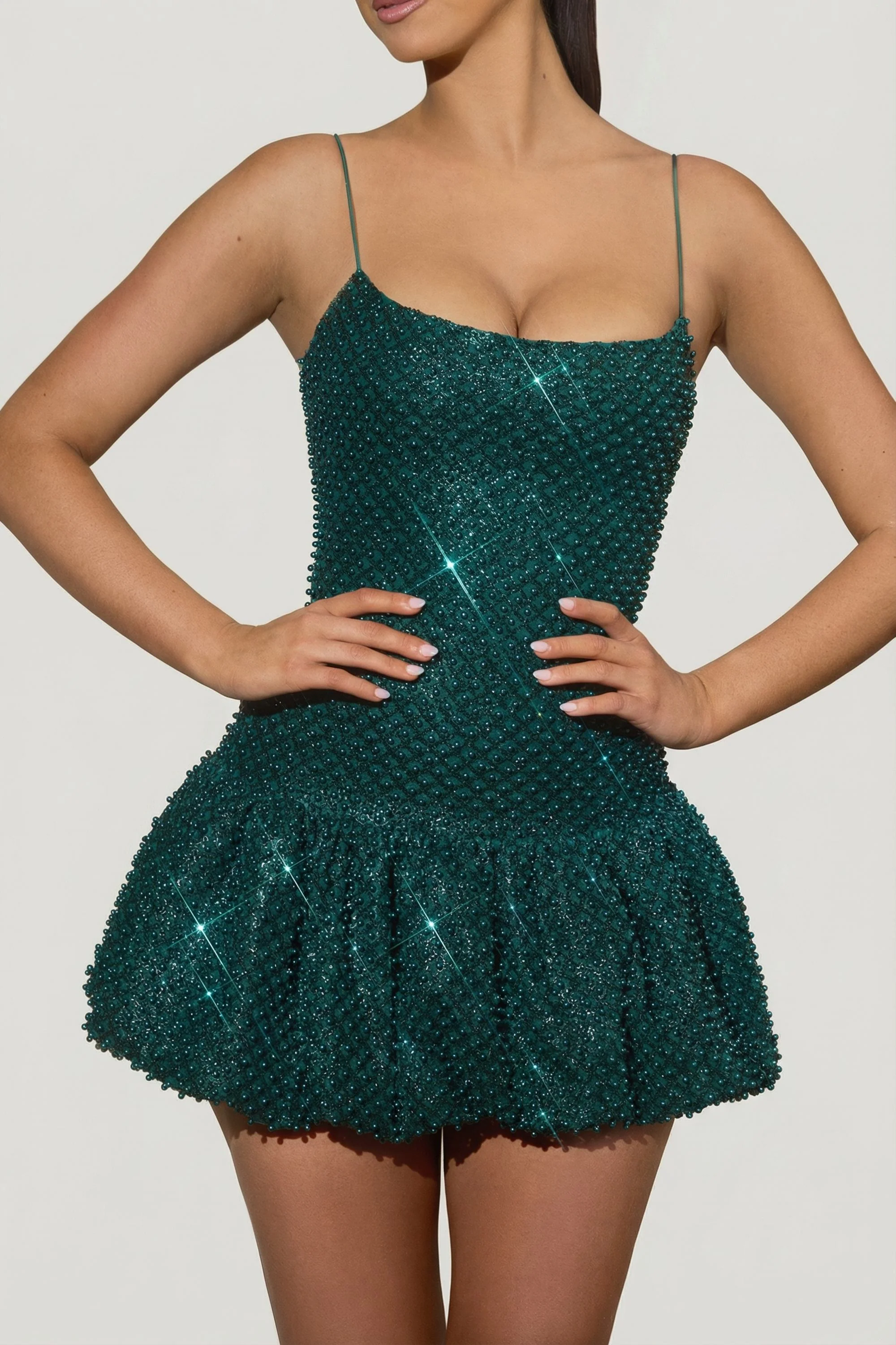 Embellished Bubble Hem Mini Dress in Teal Green - Image 3