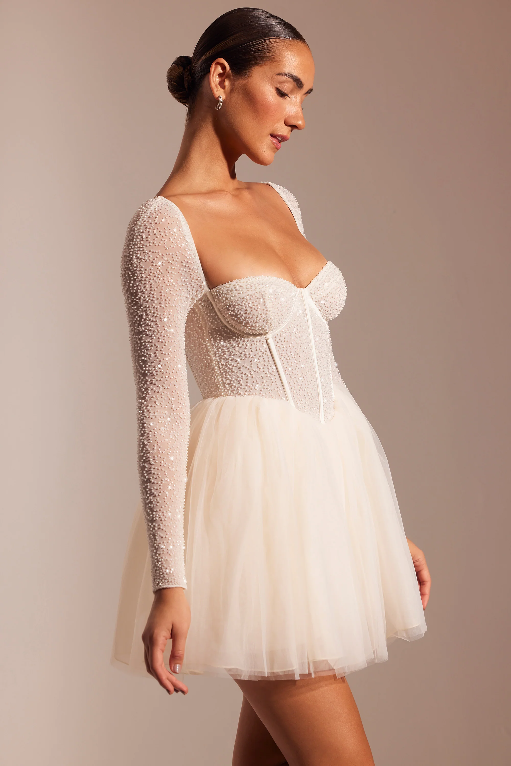 Embellished Long Sleeve Tulle Skirt Mini Dress in Ivory - Image 3