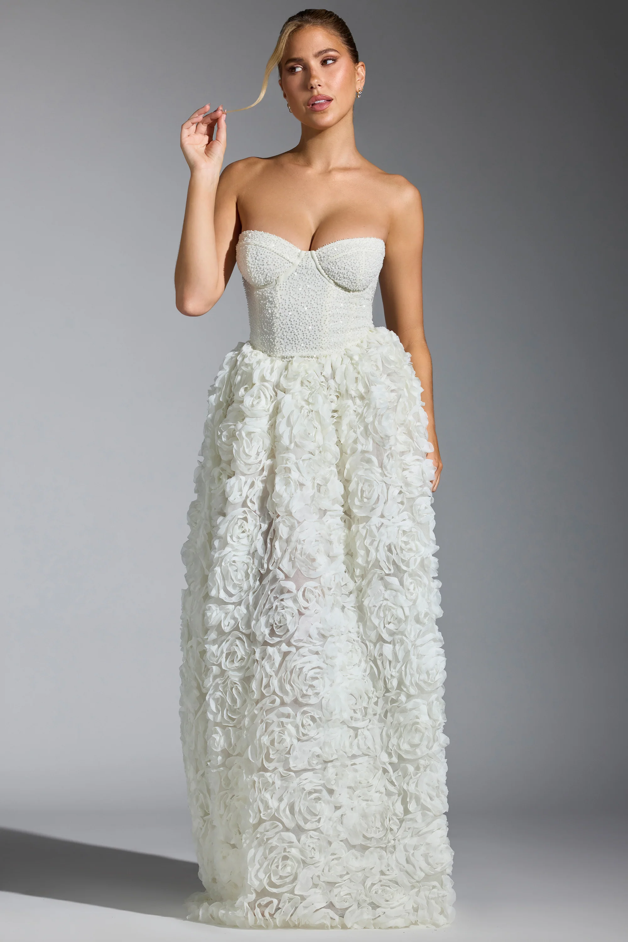 Embellished Floral-Appliqué Corset Gown in White - Image 10