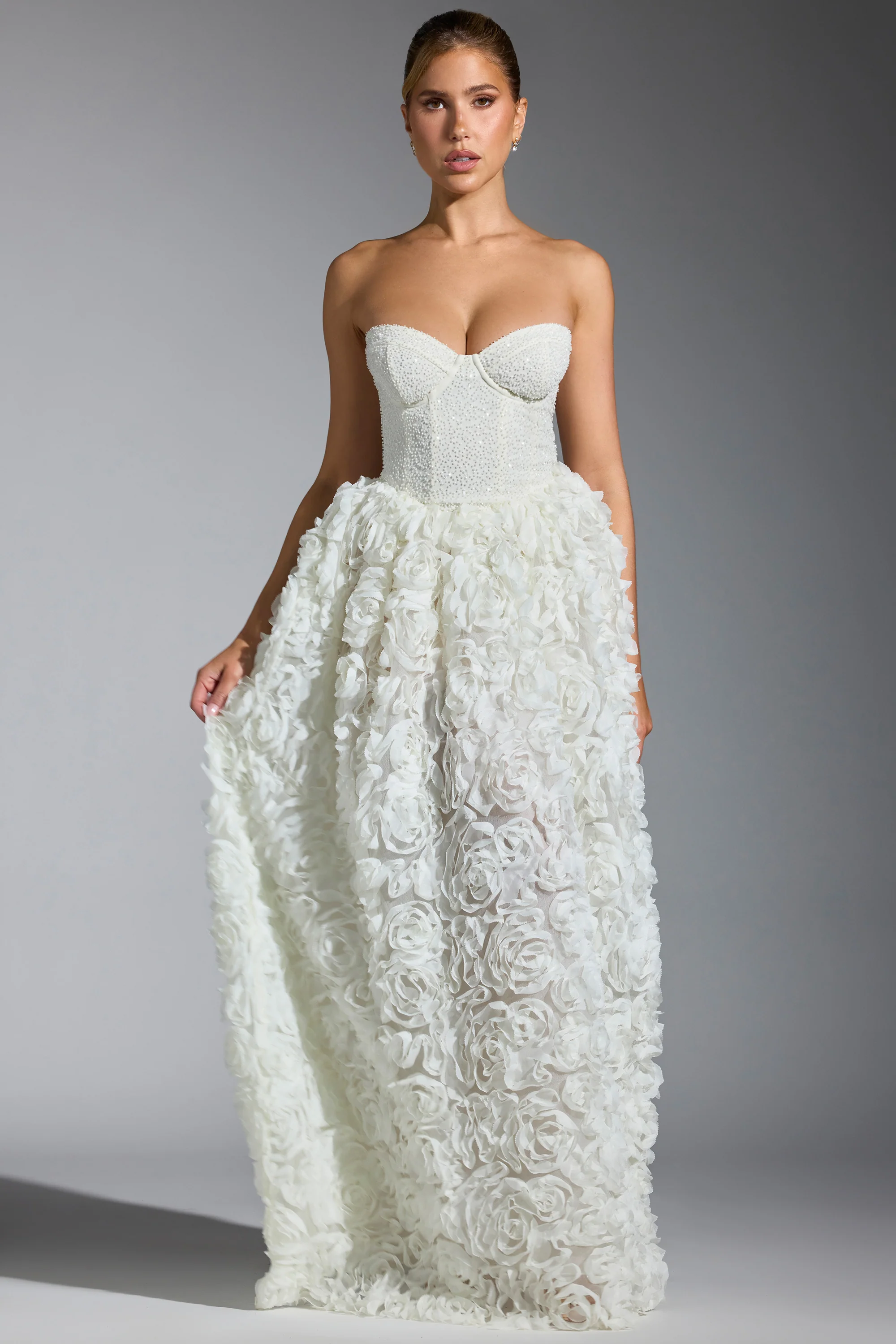 Embellished Floral-Appliqué Corset Gown in White - Image 7