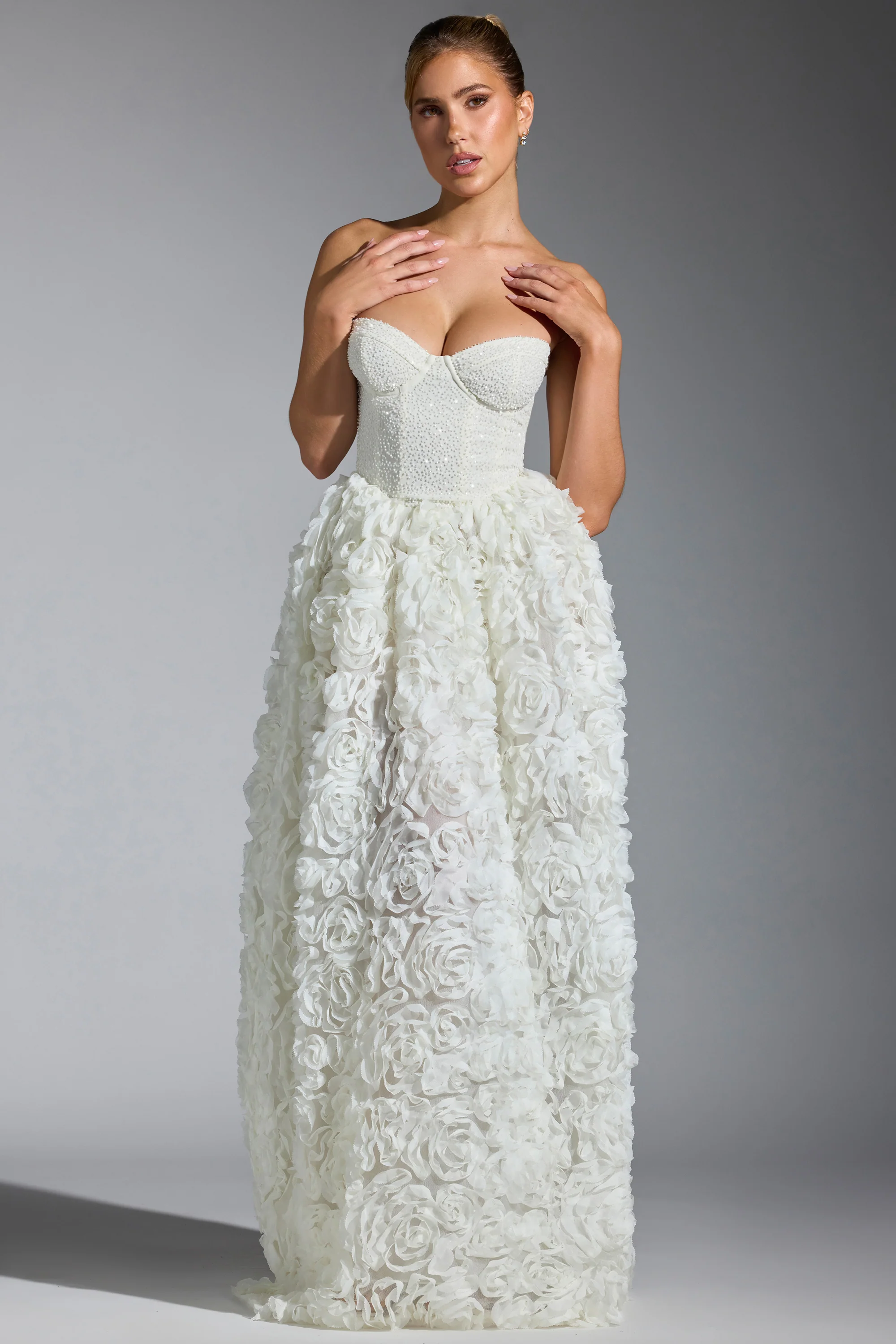 Embellished Floral-Appliqué Corset Gown in White - Image 8