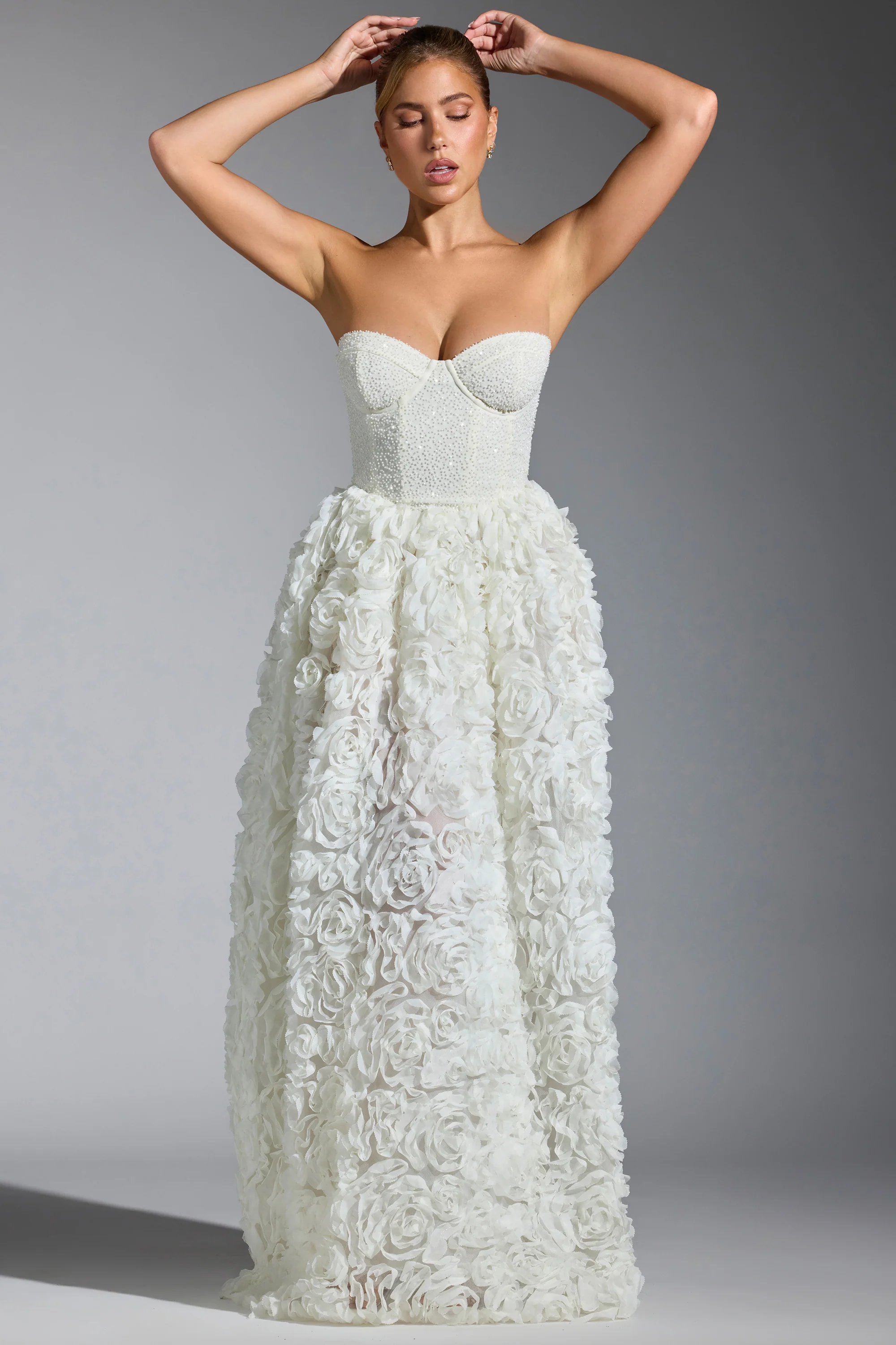 Embellished Floral-Appliqué Corset Gown in White - Image 9