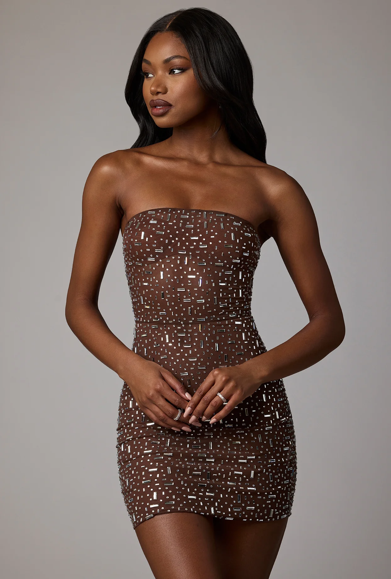 Sheer Embellished Bodycon Mini Dress in Deep Cocoa - Image 8