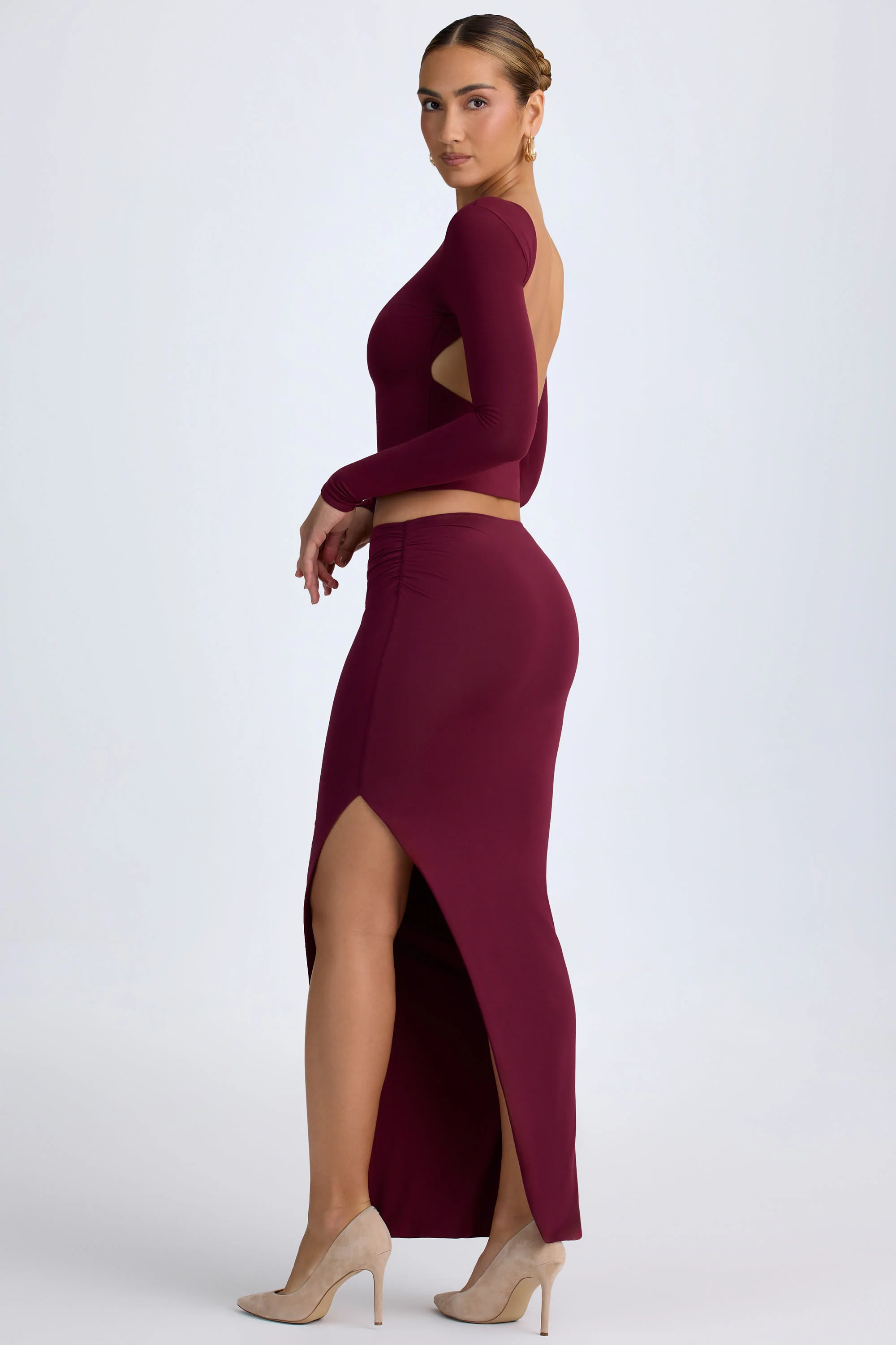 Modal Low-Rise Maxi Skirt in Wine Red - Image 8