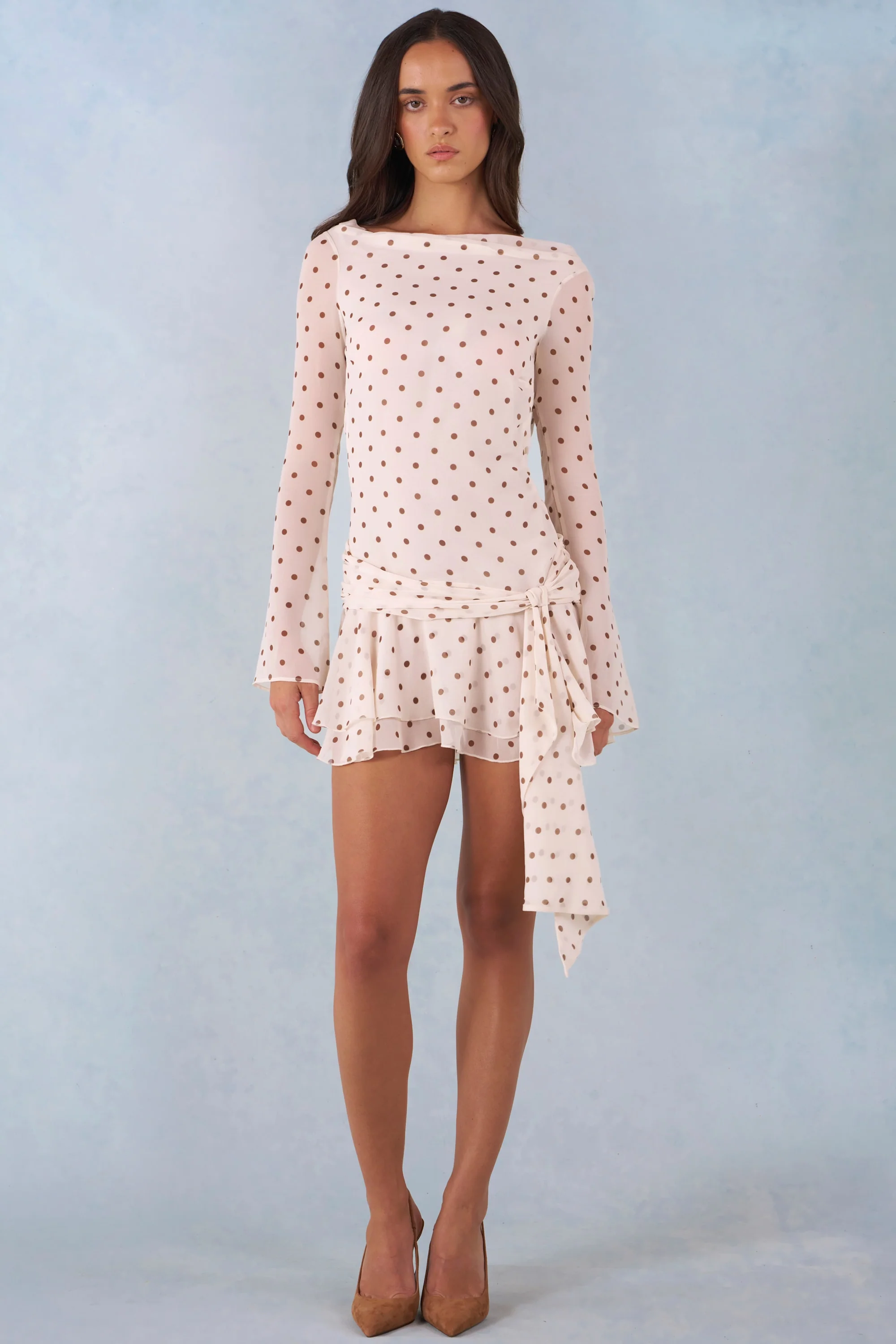 Long-Sleeve Open-Back Mini Dress in Ivory Polka Dot Print - Image 4