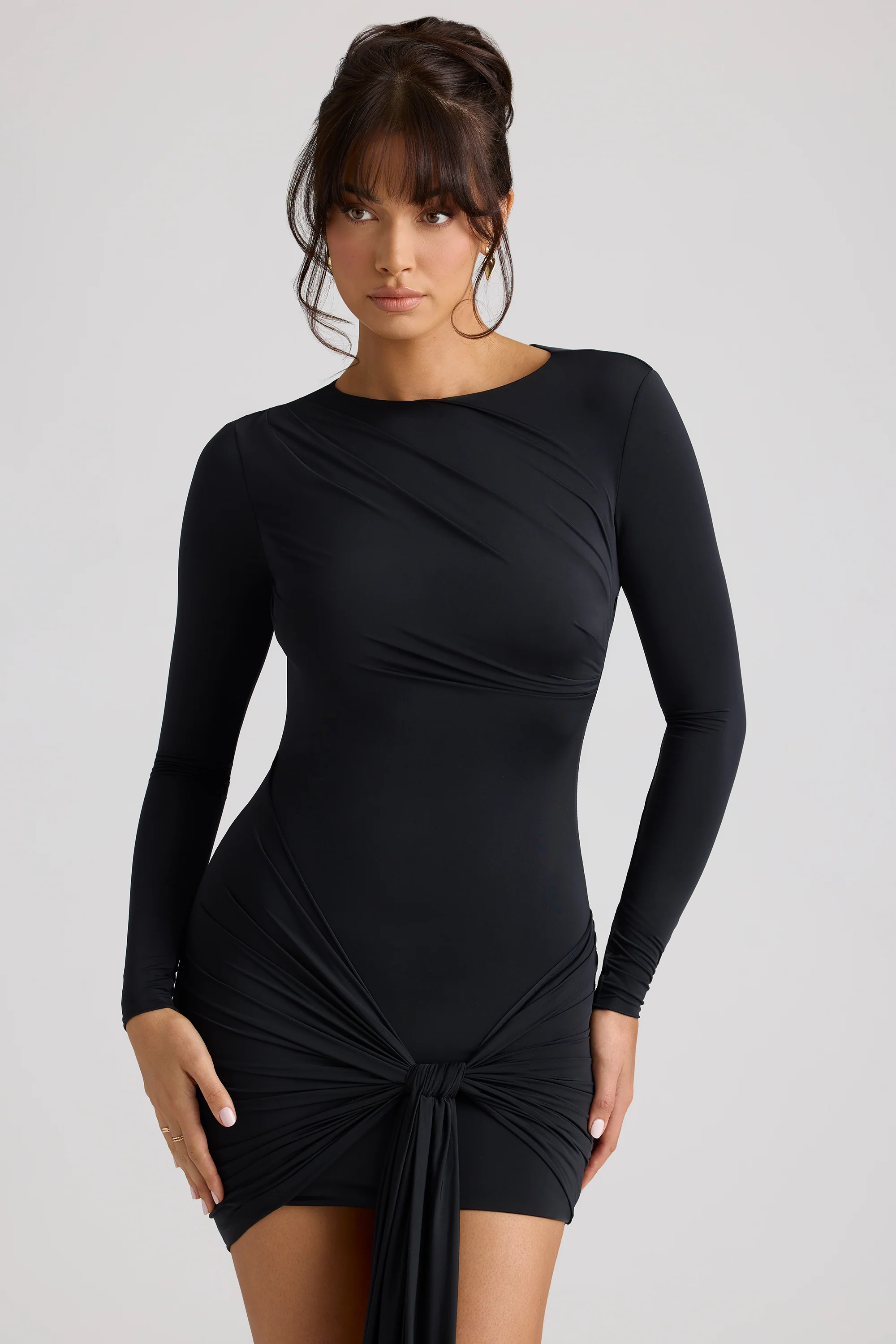Long Sleeve Draped Mini Dress in Black - Image 7