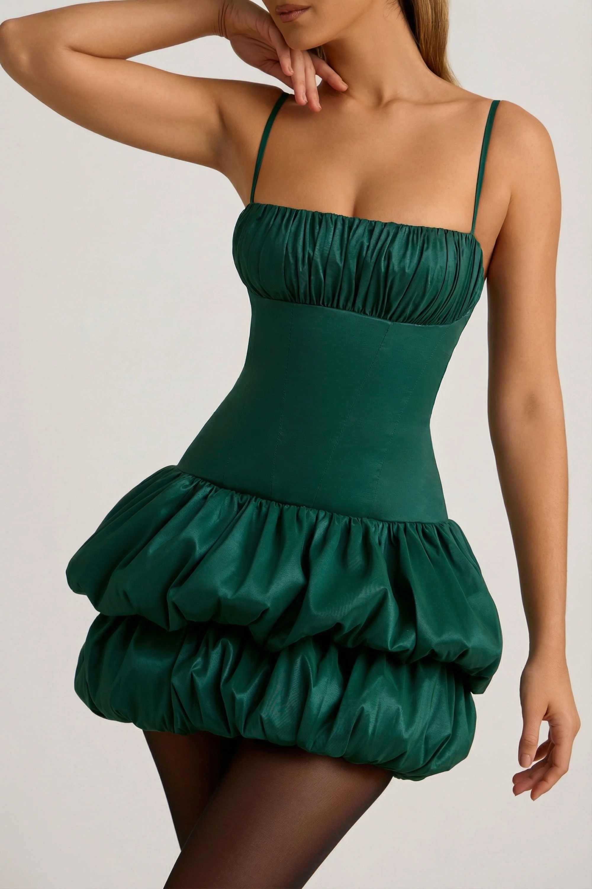 Satin Bubble Hem Corset Mini Dress in Emerald Green - Image 4