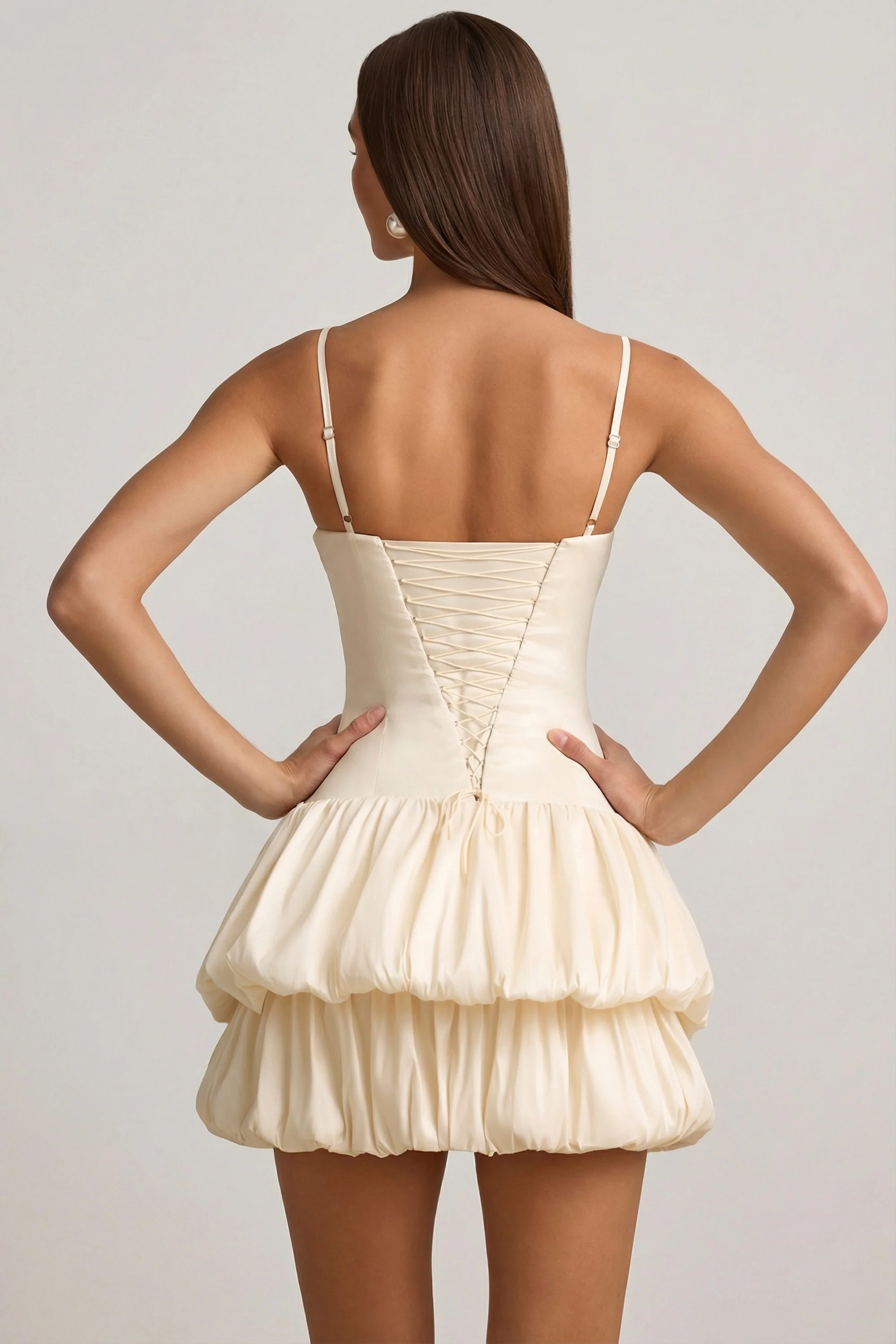 Satin Bubble Hem Corset Mini Dress in Ivory - Image 2