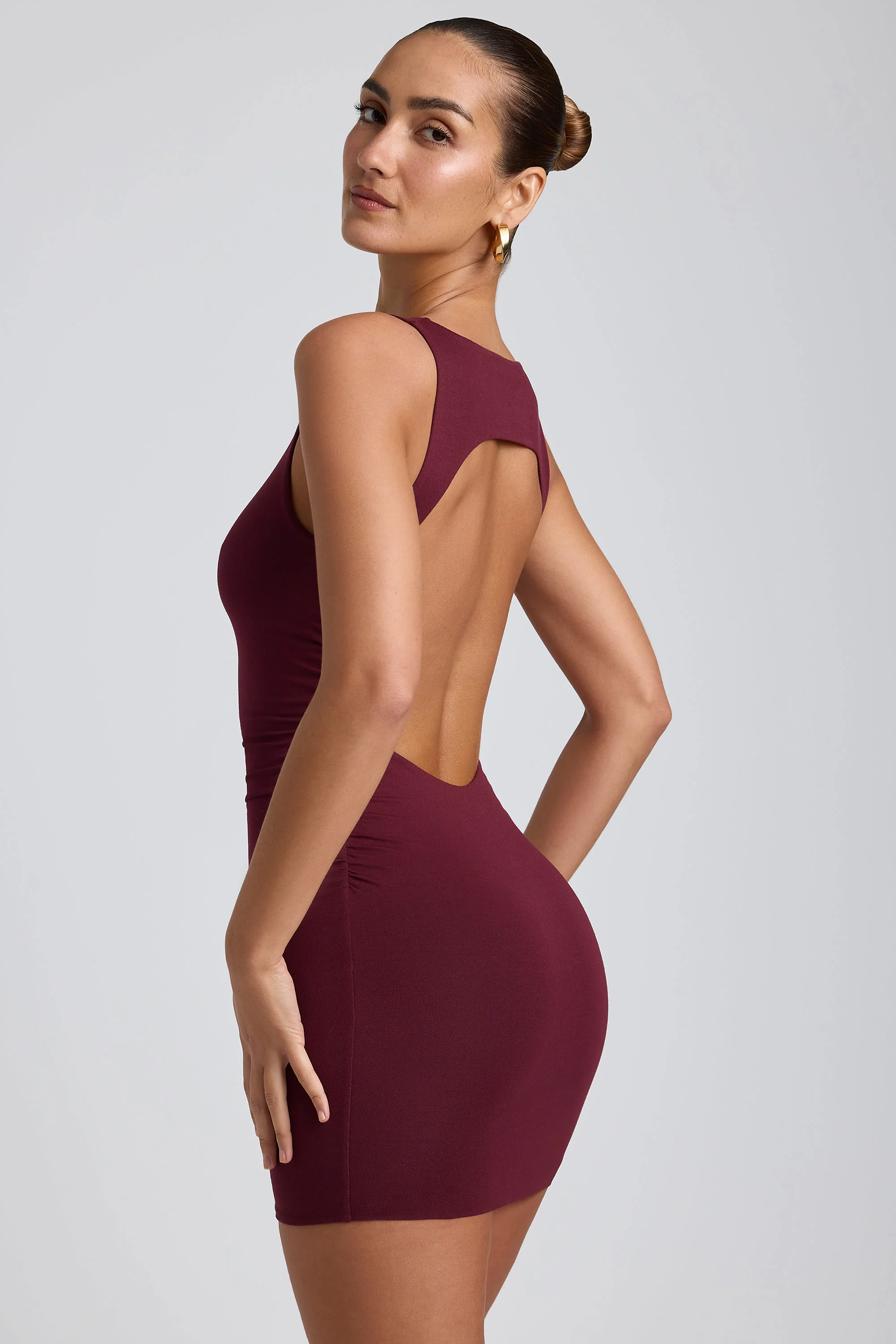 Modal High-Neck Open-Back Mini Dress in Plum - Image 3