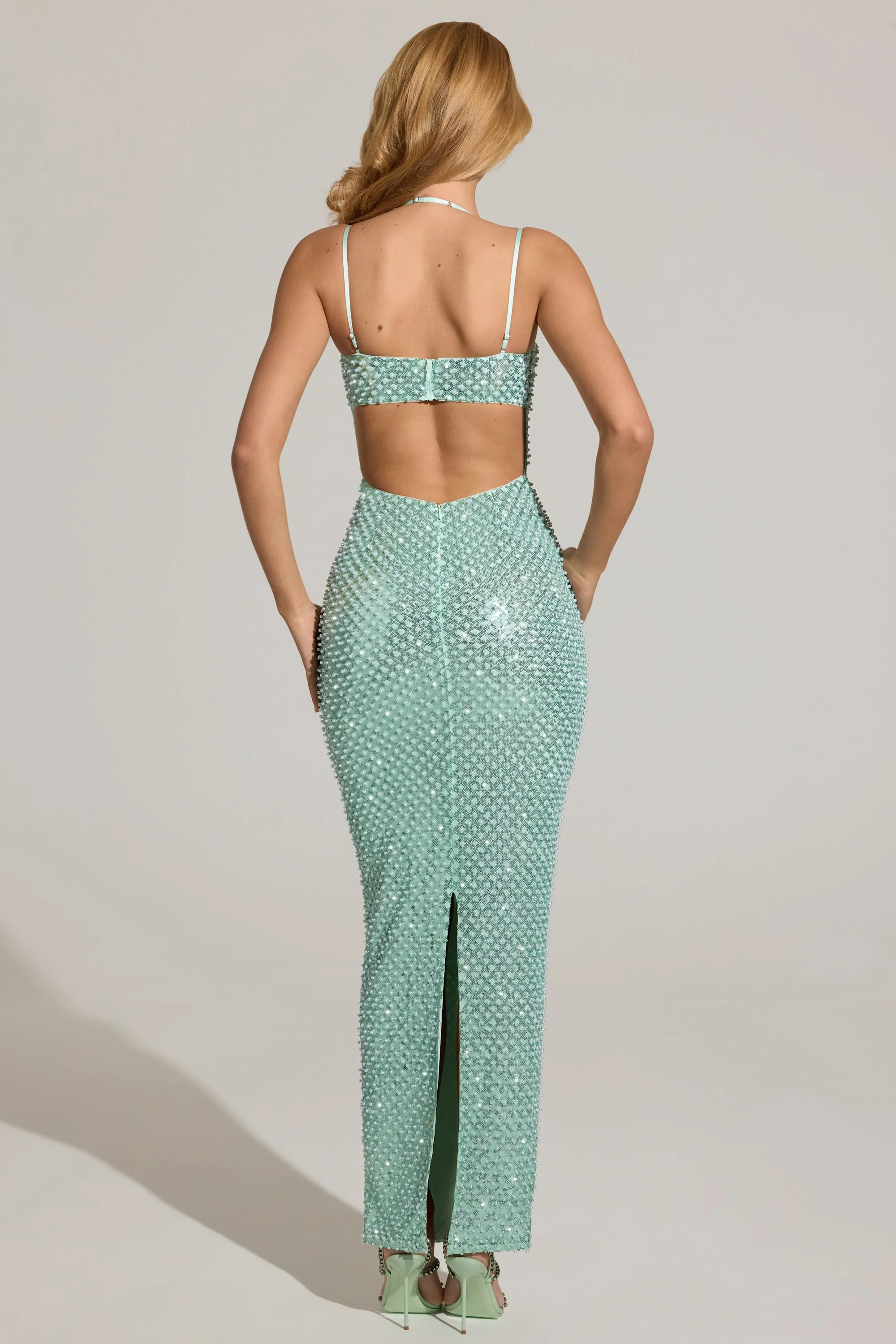Embellished Cowl-Neck Maxi Dress in Aqua Blue - Image 3