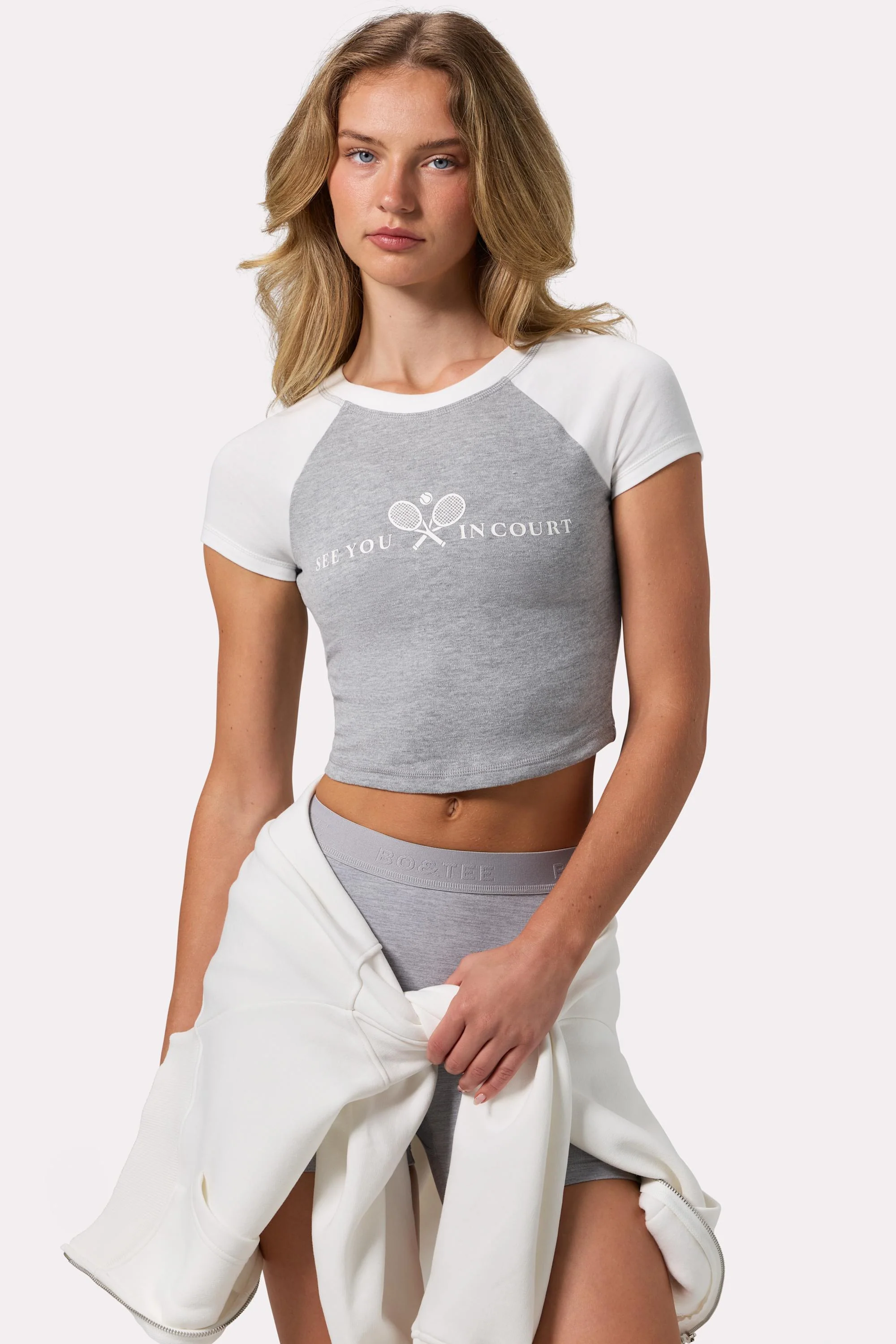 Graphic-Print Cropped T-Shirt in Grey Marl