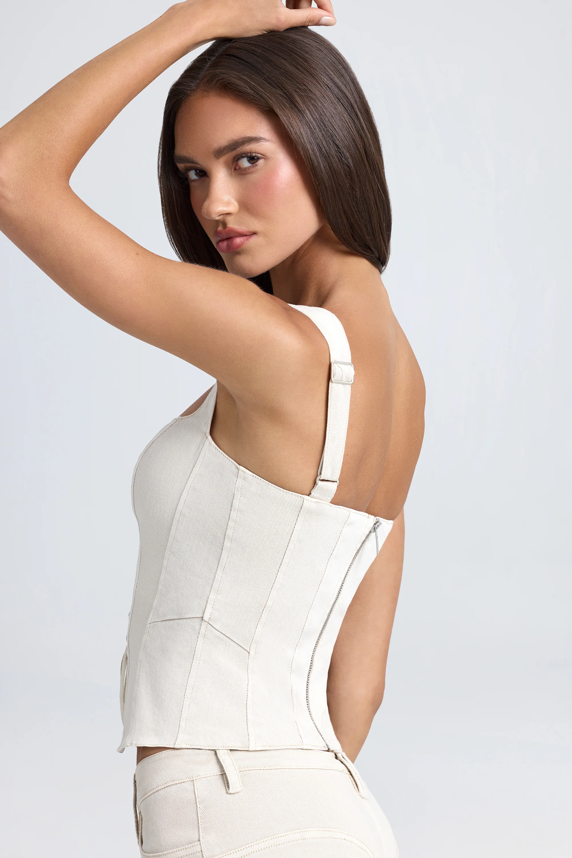 Denim Style Lace-Up Corset Top in Ecru - Image 3