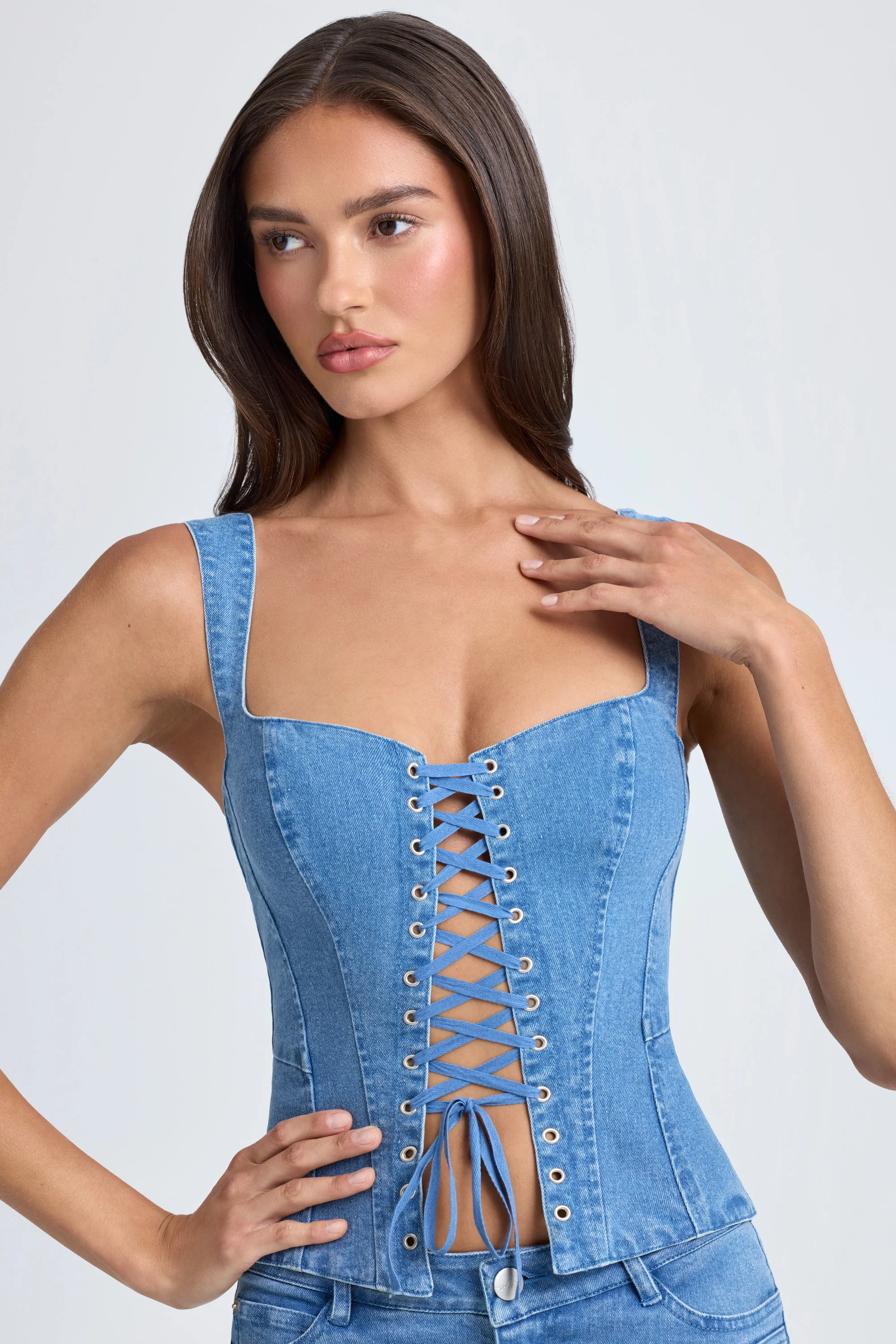 Lace-Up Corset Top in Mid Blue Stonewash - Image 6