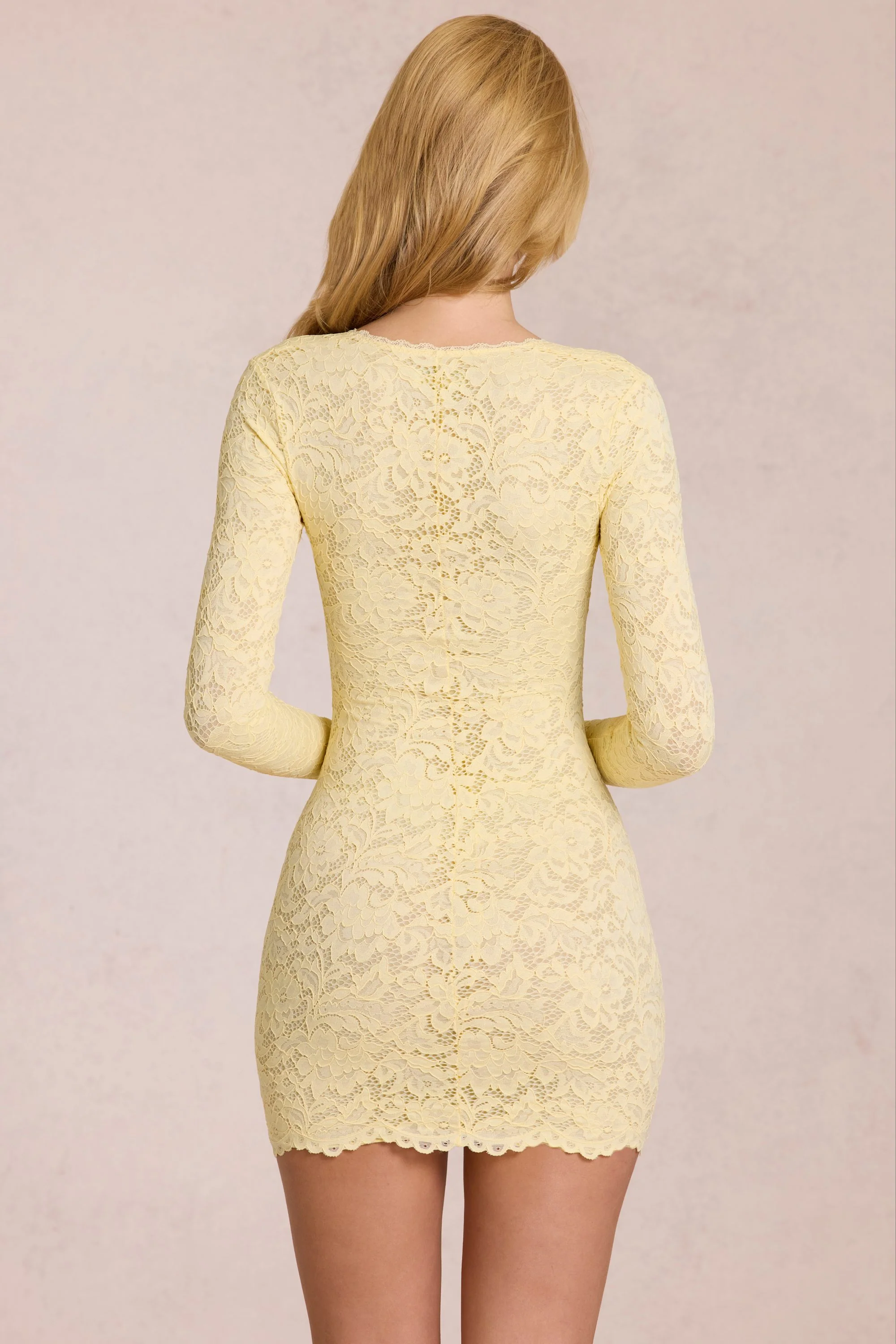 Scalloped-Lace Long-Sleeve Mini Dress in Lemon Yellow - Image 6