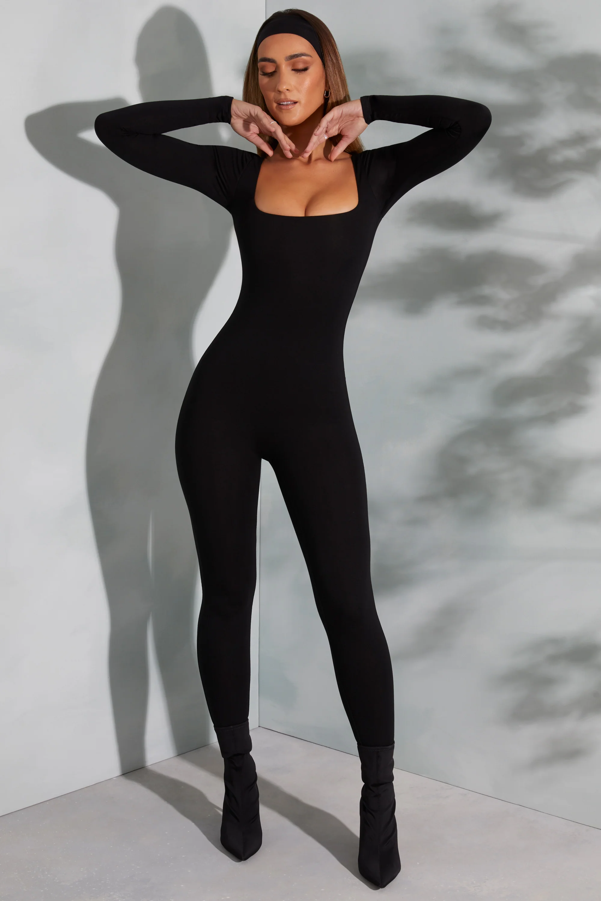 Square Neck Long Sleeve Jumpsuit in Black - Image 4