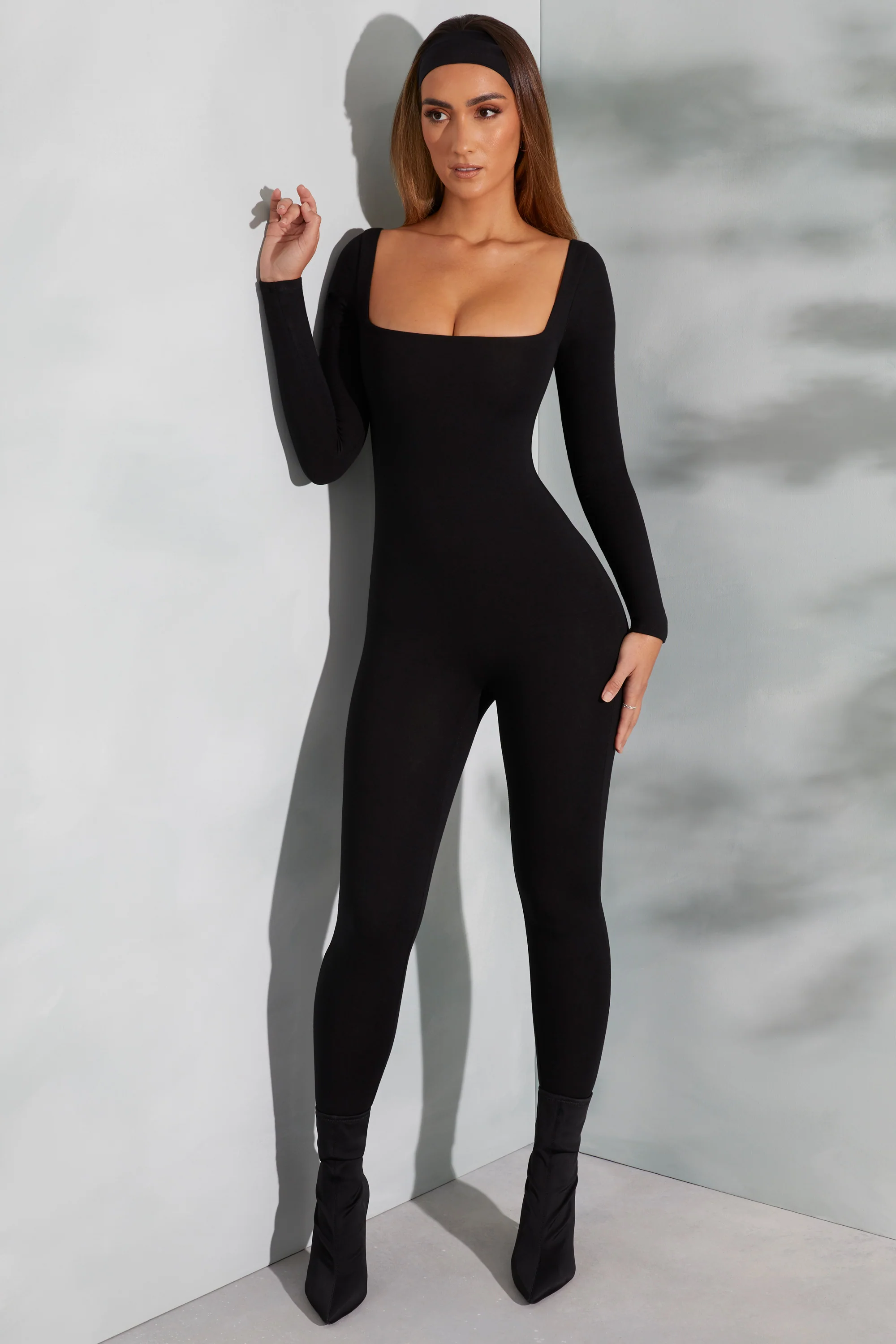 Square Neck Long Sleeve Jumpsuit in Black - Image 8