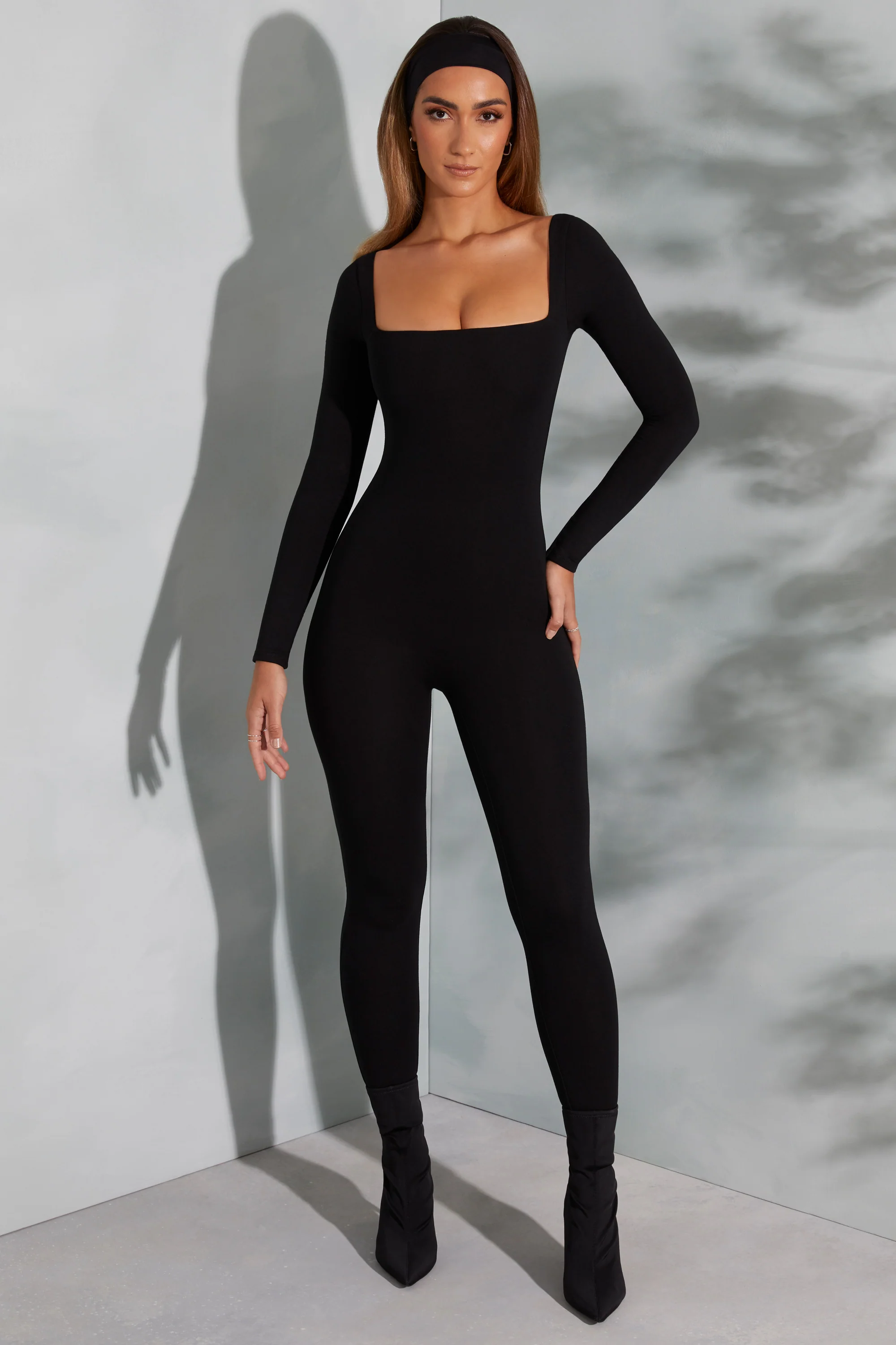 Square Neck Long Sleeve Jumpsuit in Black - Image 9