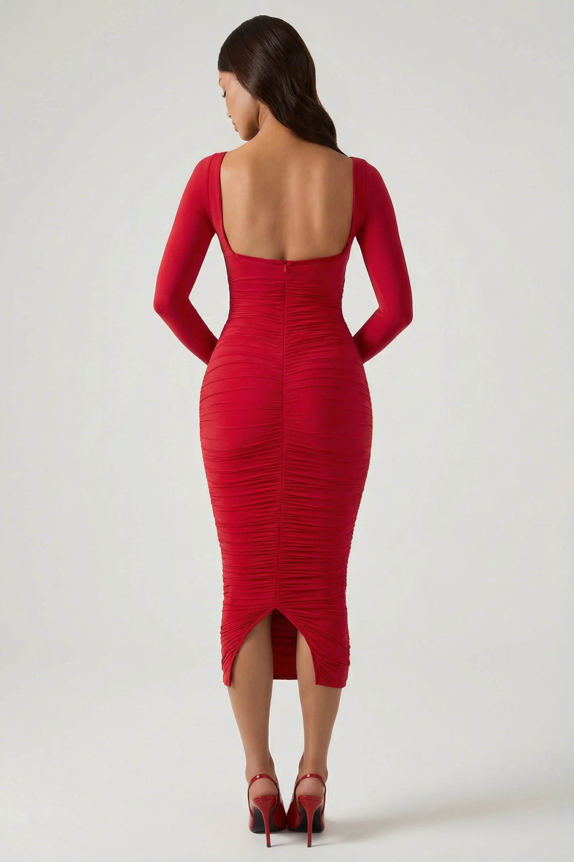 Layered Bra-Detail Ruched Midaxi Dress in Red - Image 2