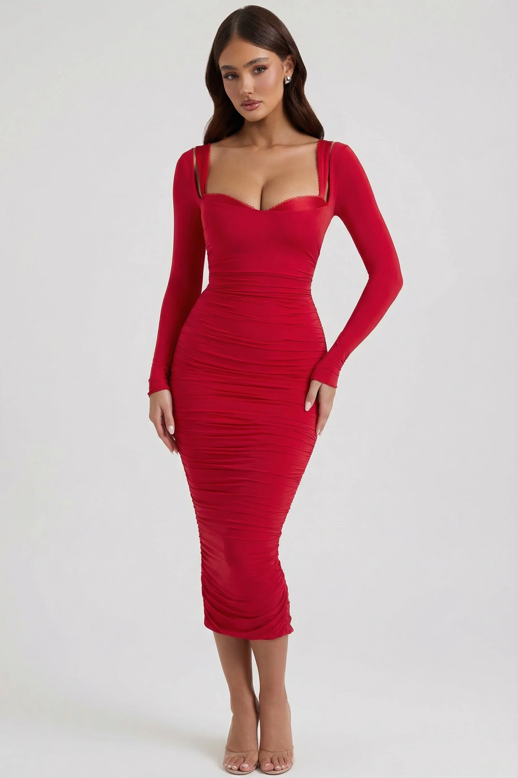 Layered Bra-Detail Ruched Midaxi Dress in Red - Image 6