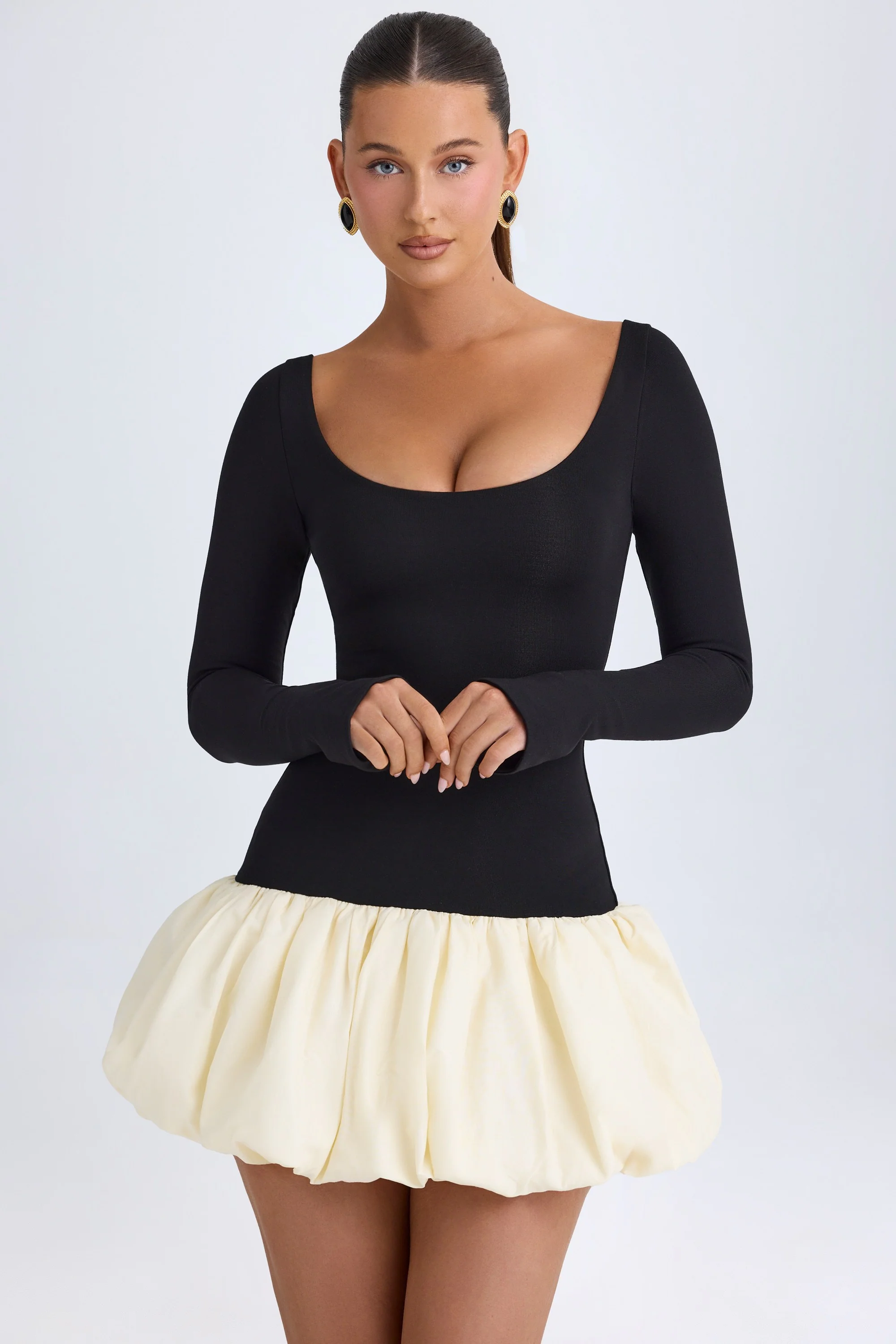 Modal Scoop-Neck Drop-Waist Bubble Hem Mini Dress in Vanilla - Image 2