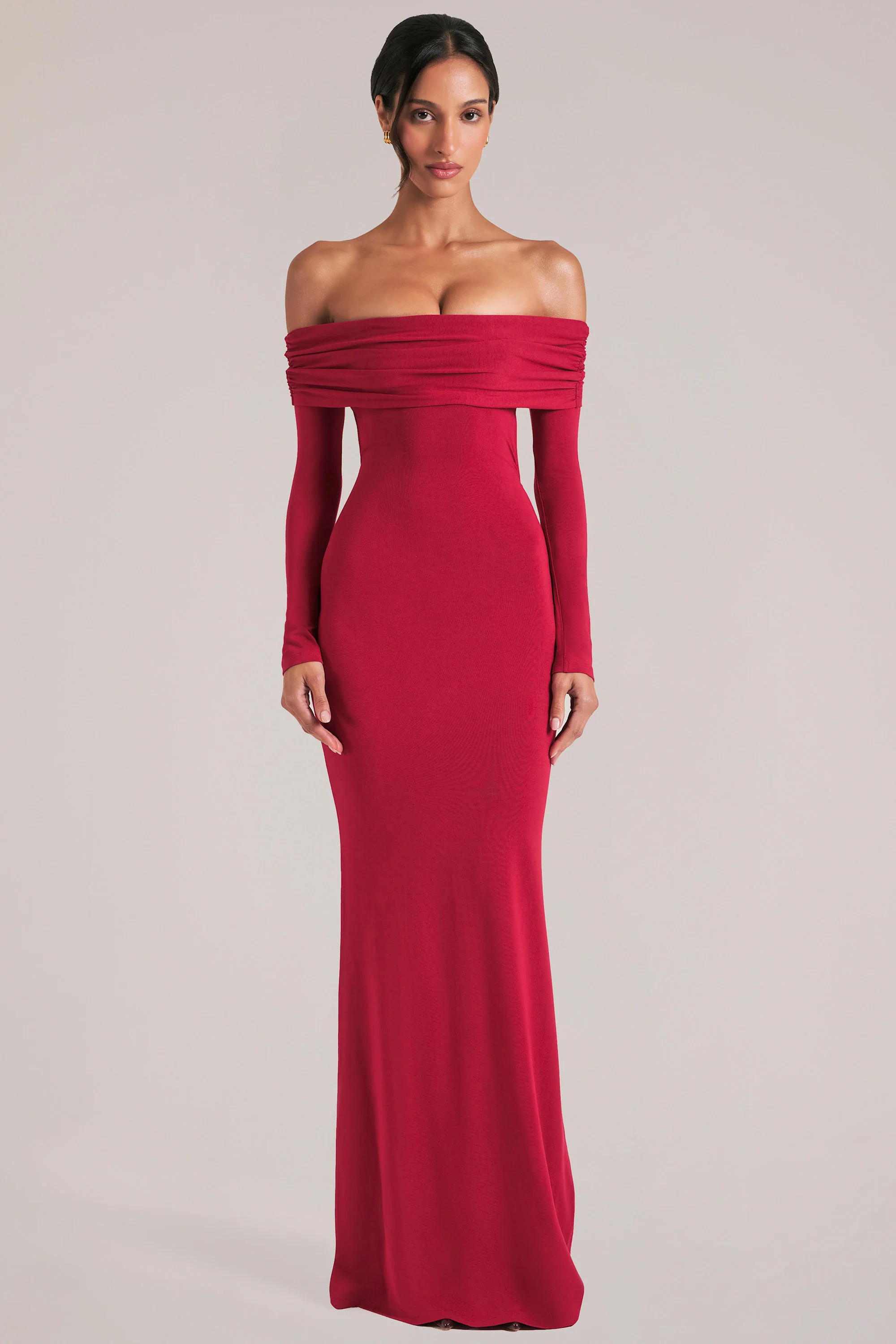 Off-Shoulder Long-Sleeve Maxi Dress in Cherry Red - Image 7