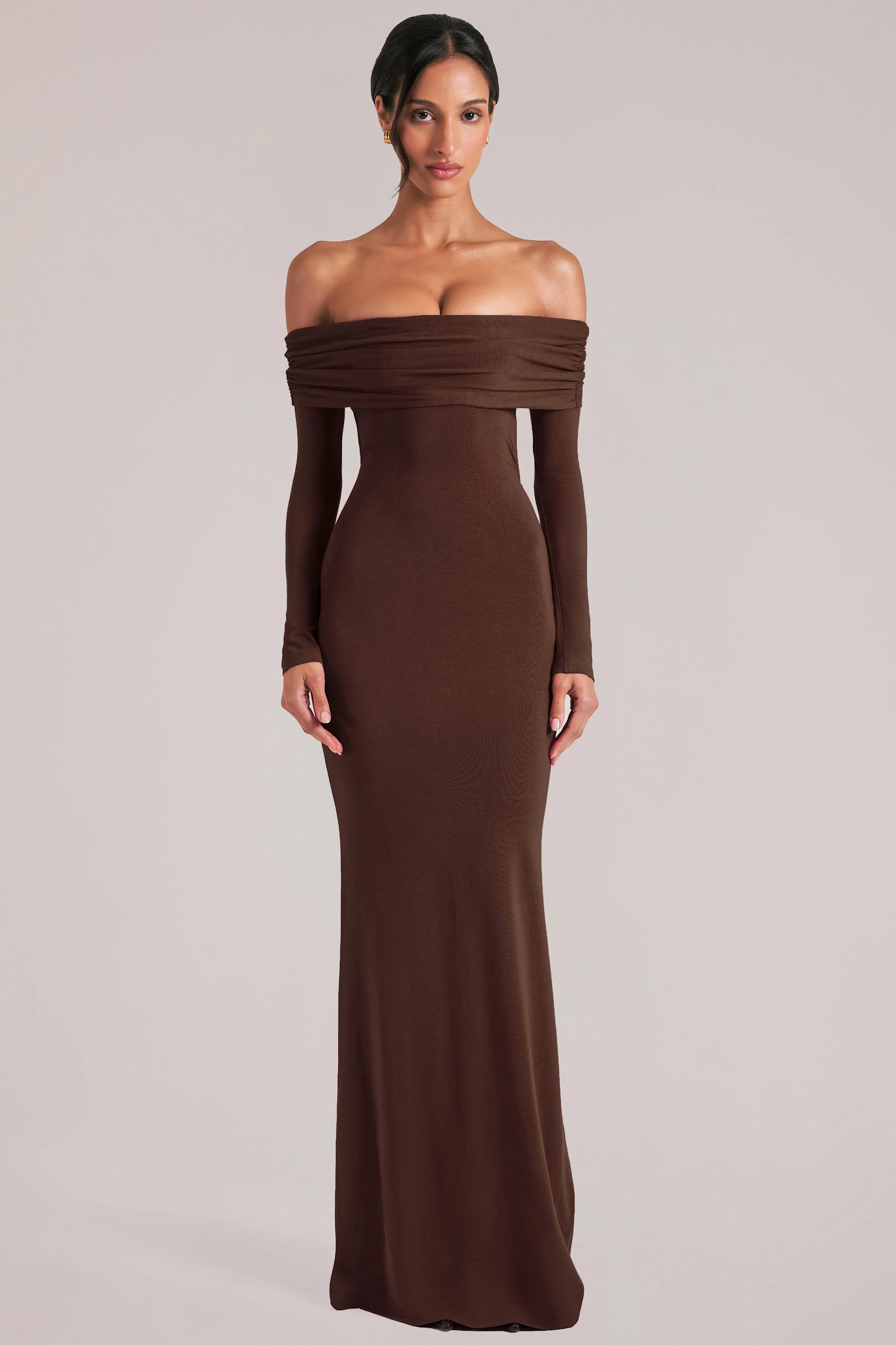 Off-Shoulder Long-Sleeve Maxi Dress in Chocolate Brown - Image 9