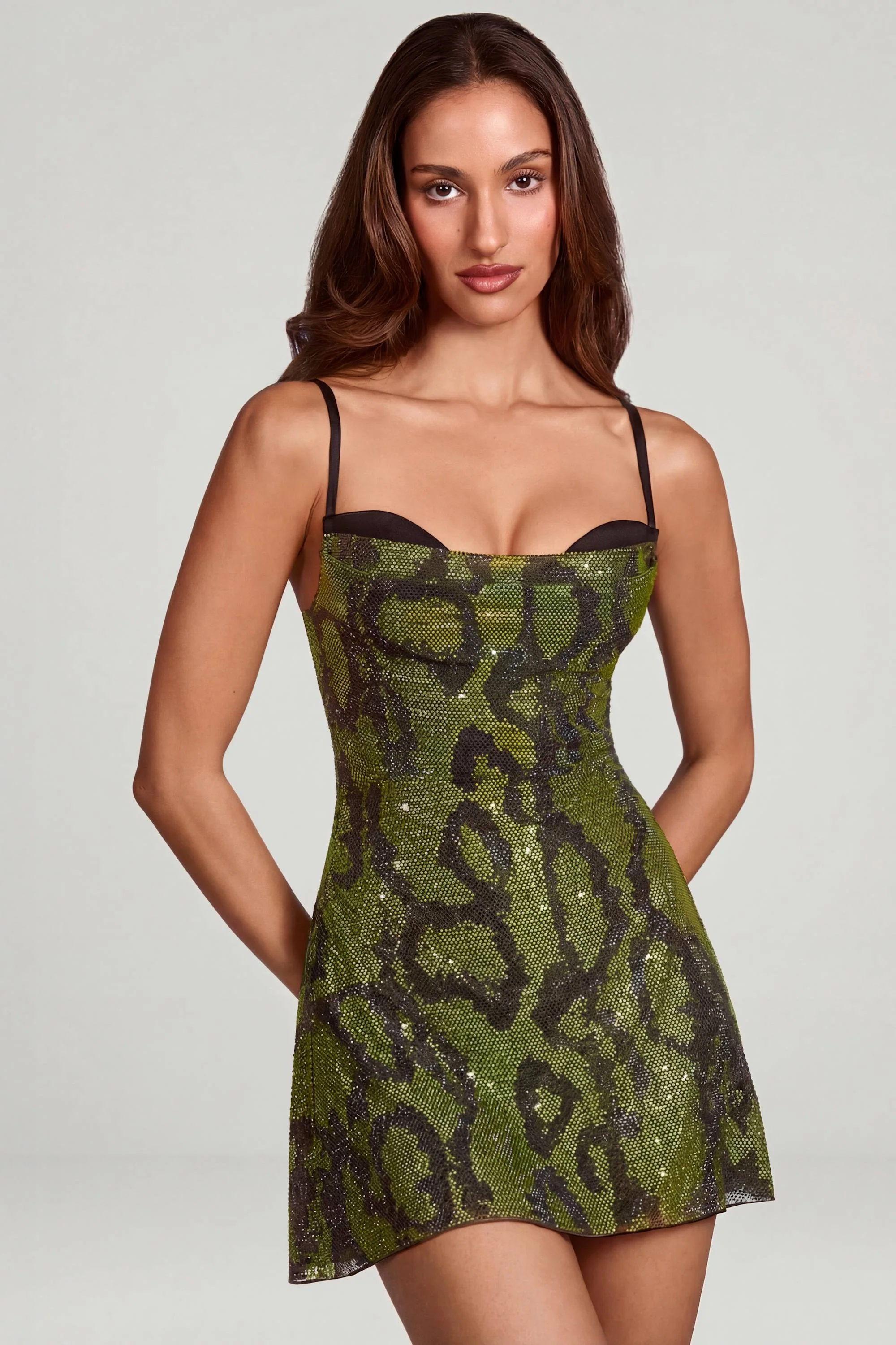 Embellished Cowl Neck A-line Mini Dress in Green Snake - Image 8