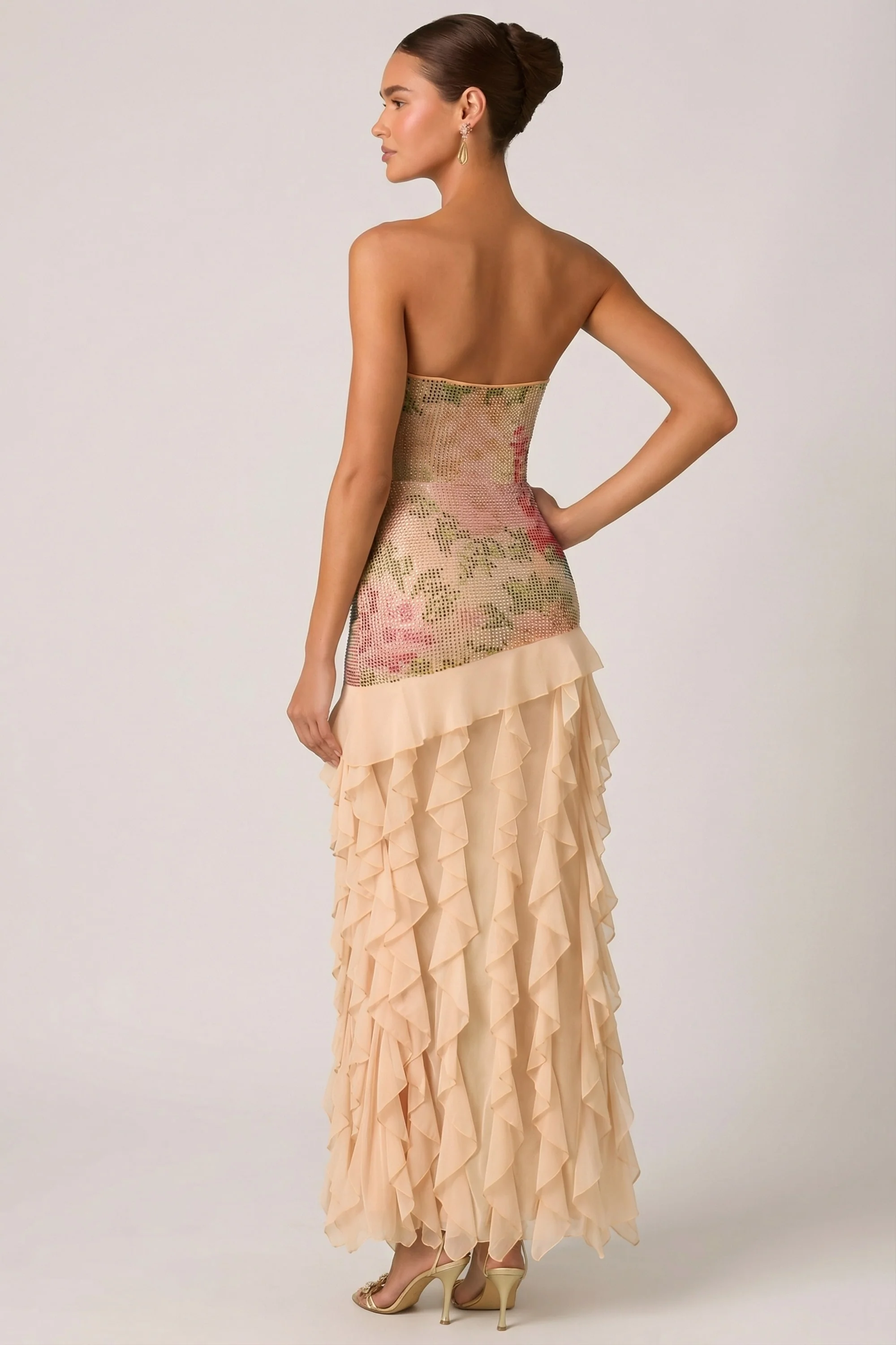 Embellished Ruffle-Trim Strapless Gown in Rose Hotfix - Image 2