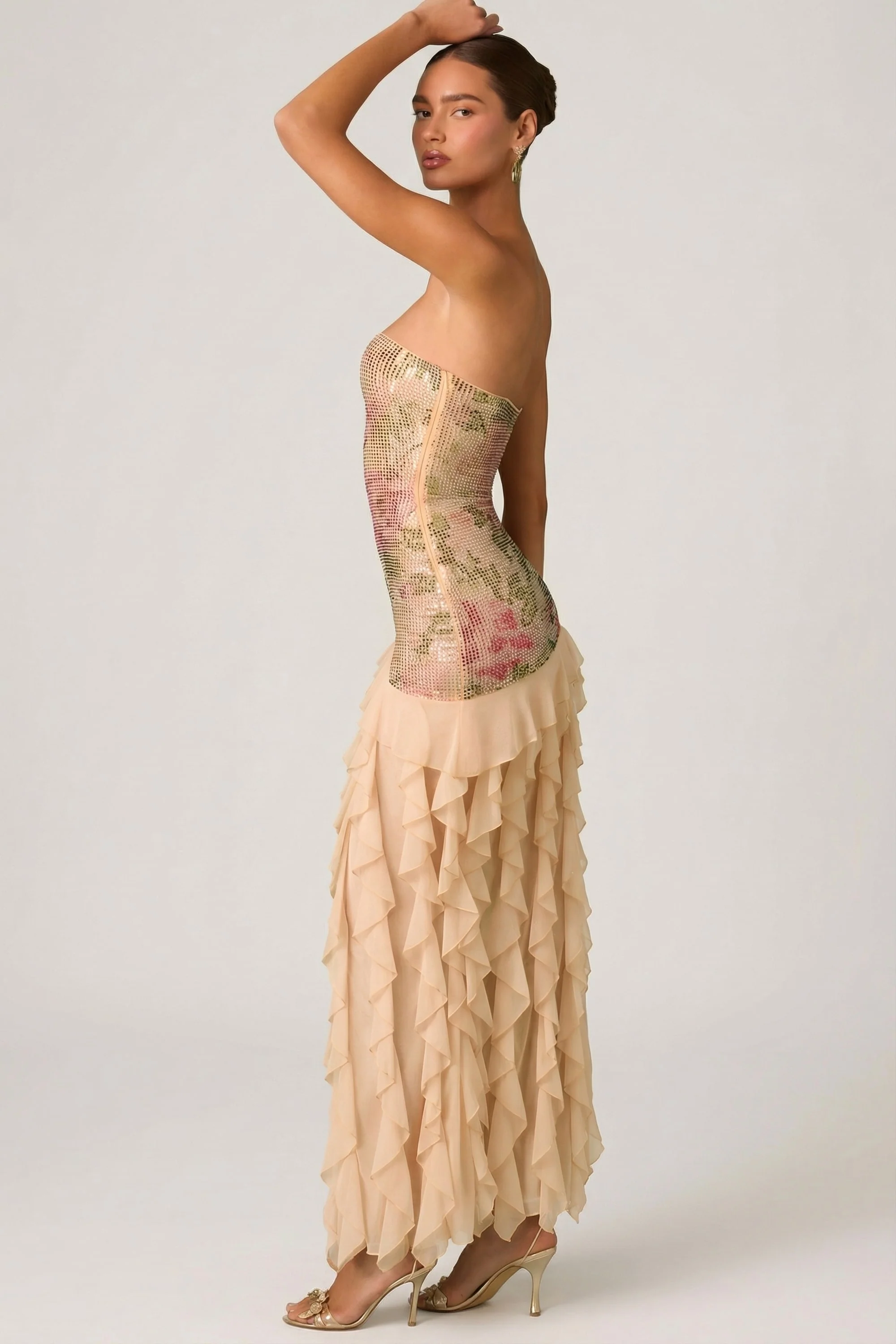 Embellished Ruffle-Trim Strapless Gown in Rose Hotfix - Image 4