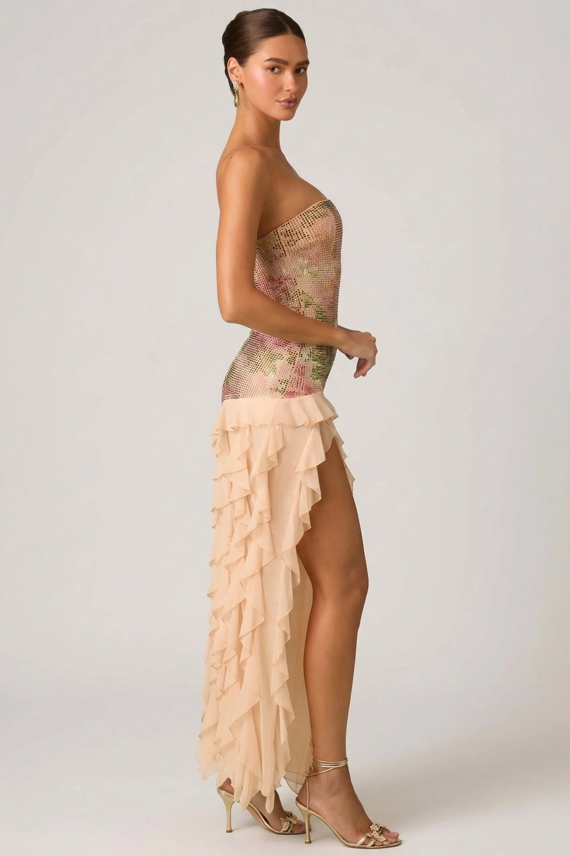 Embellished Ruffle-Trim Strapless Gown in Rose Hotfix - Image 6