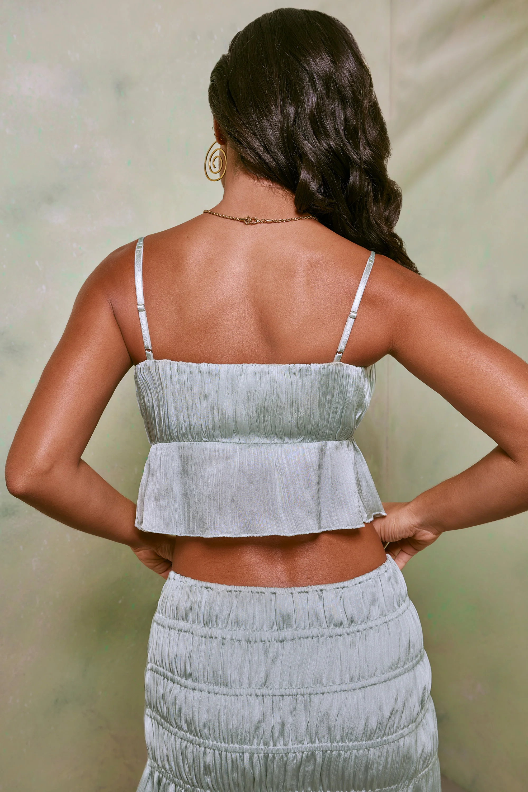 Shirred Tie Up Front Crop Top in Pastel Green - Image 2