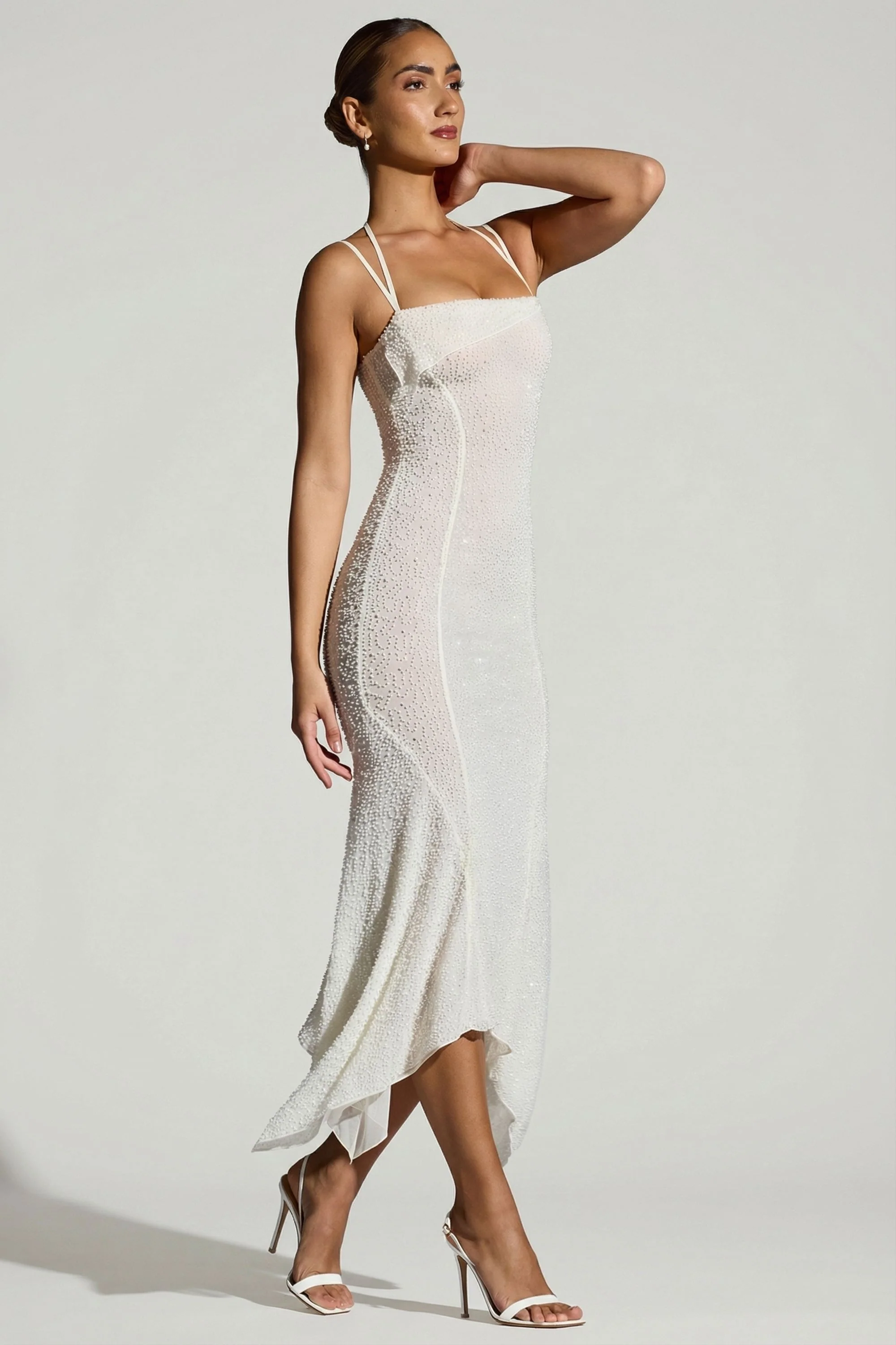 Embellished Handkerchief Hem Maxi Dress in White - Image 4
