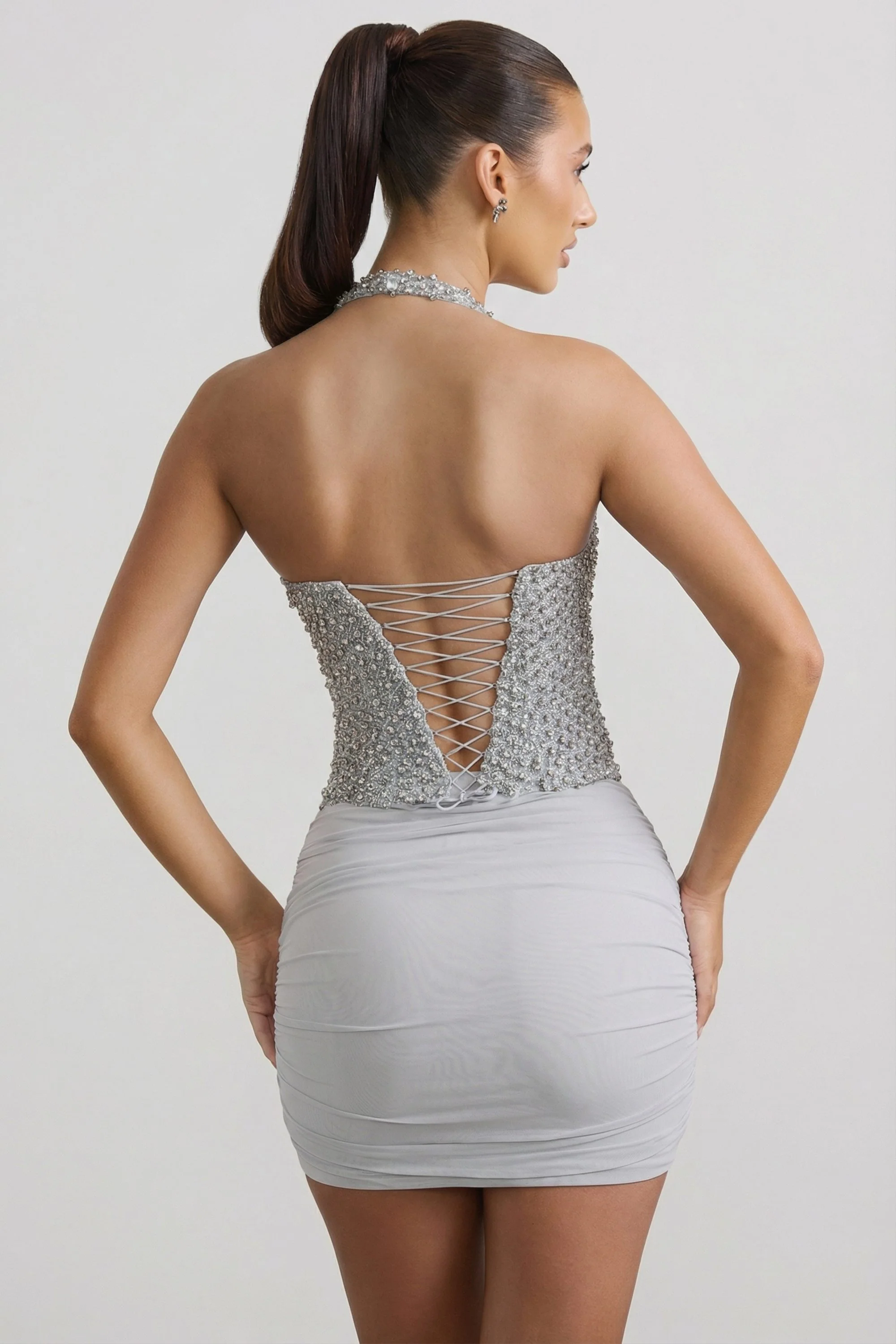 Ruched Mid-Rise Mini Skirt in Silver - Image 2
