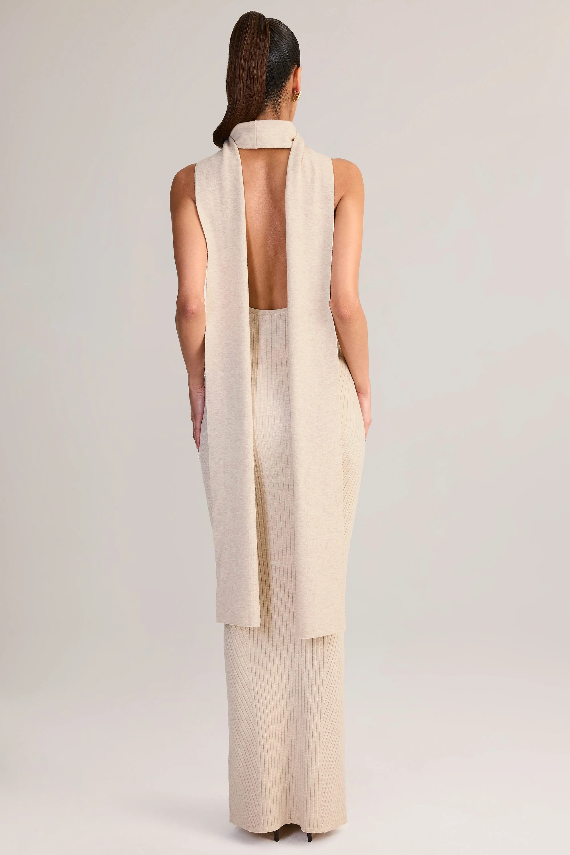 Rib-Knit Scarf-Detail Halterneck Maxi Dress in Cream - Image 2