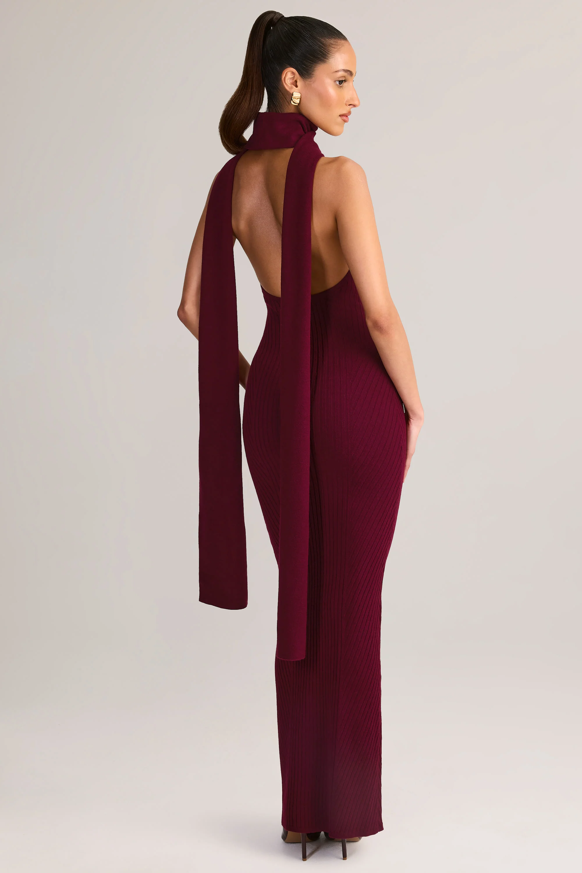 Rib-Knit Scarf-Detail Halterneck Maxi Dress in Wine - Image 2