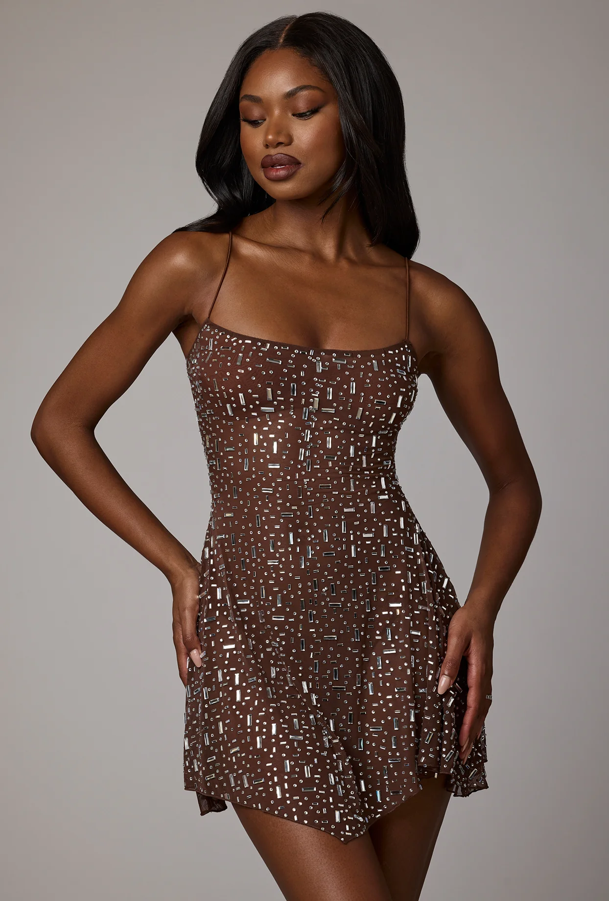 Sheer Embellished Scoop Neck Mini Dress in Deep Cocoa - Image 13