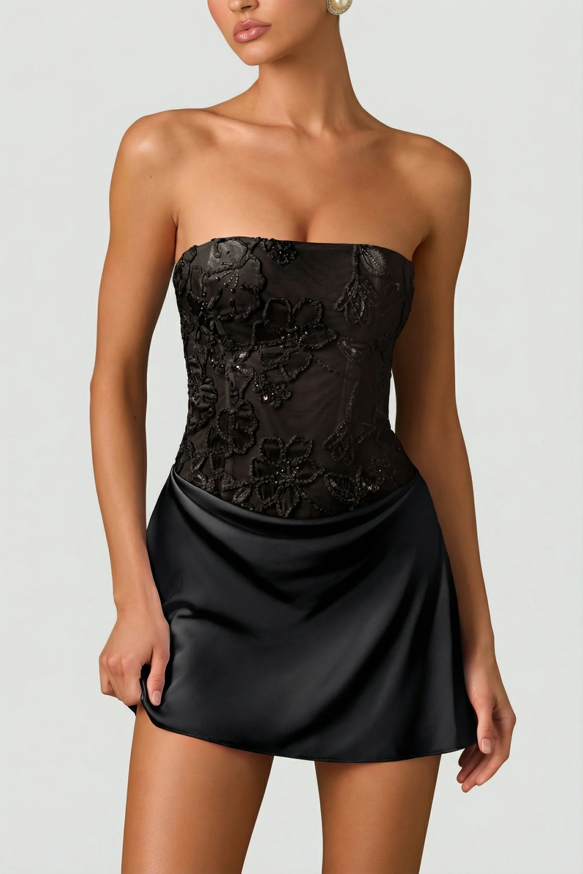 Embellished Draped Strapless A-Line Mini Dress in Black - Image 3