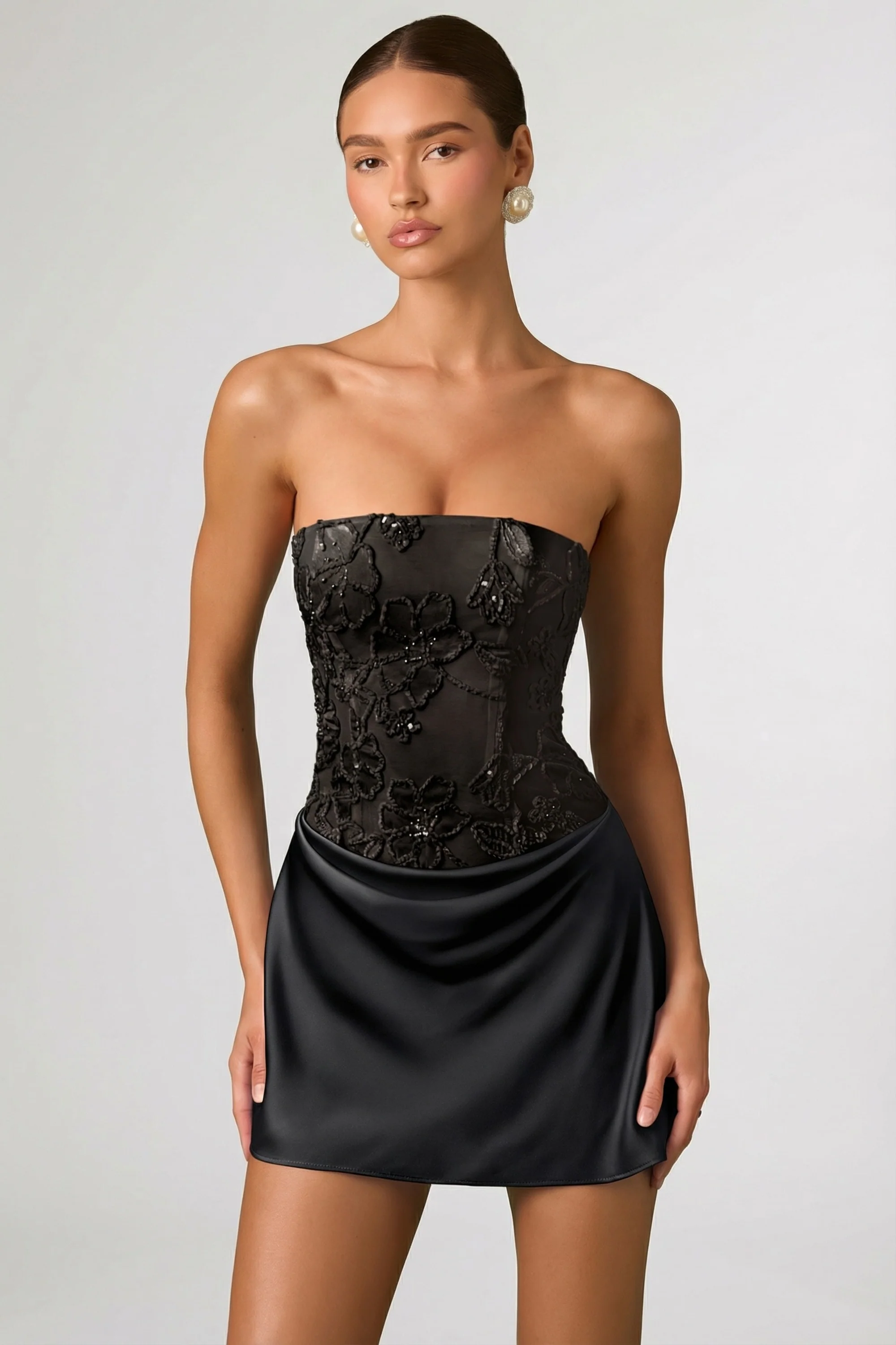 Embellished Draped Strapless A-Line Mini Dress in Black - Image 6