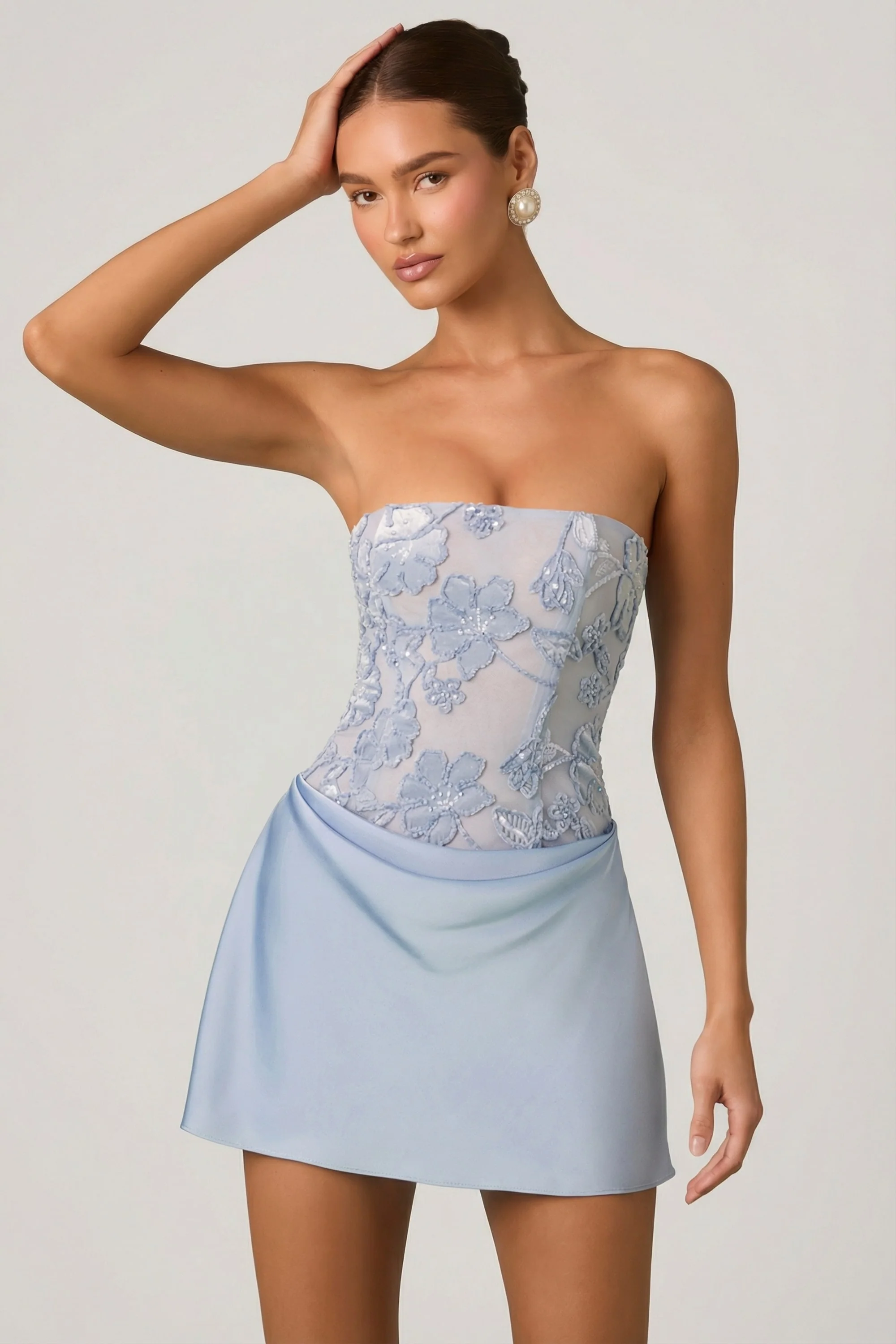 Embellished Draped Strapless A-Line Mini Dress in Sky Blue - Image 7