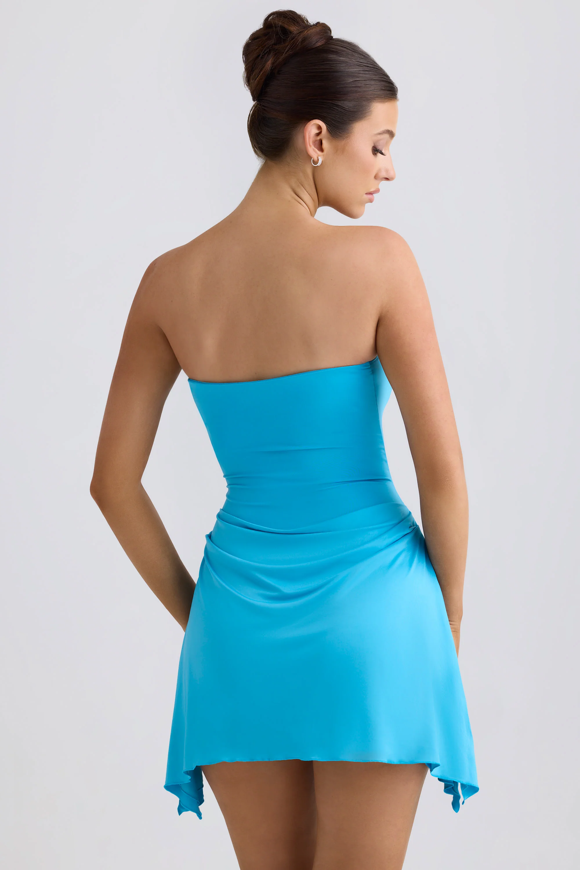 Slinky Jersey Draped A-Line Mini Dress in Aqua Blue - Image 2