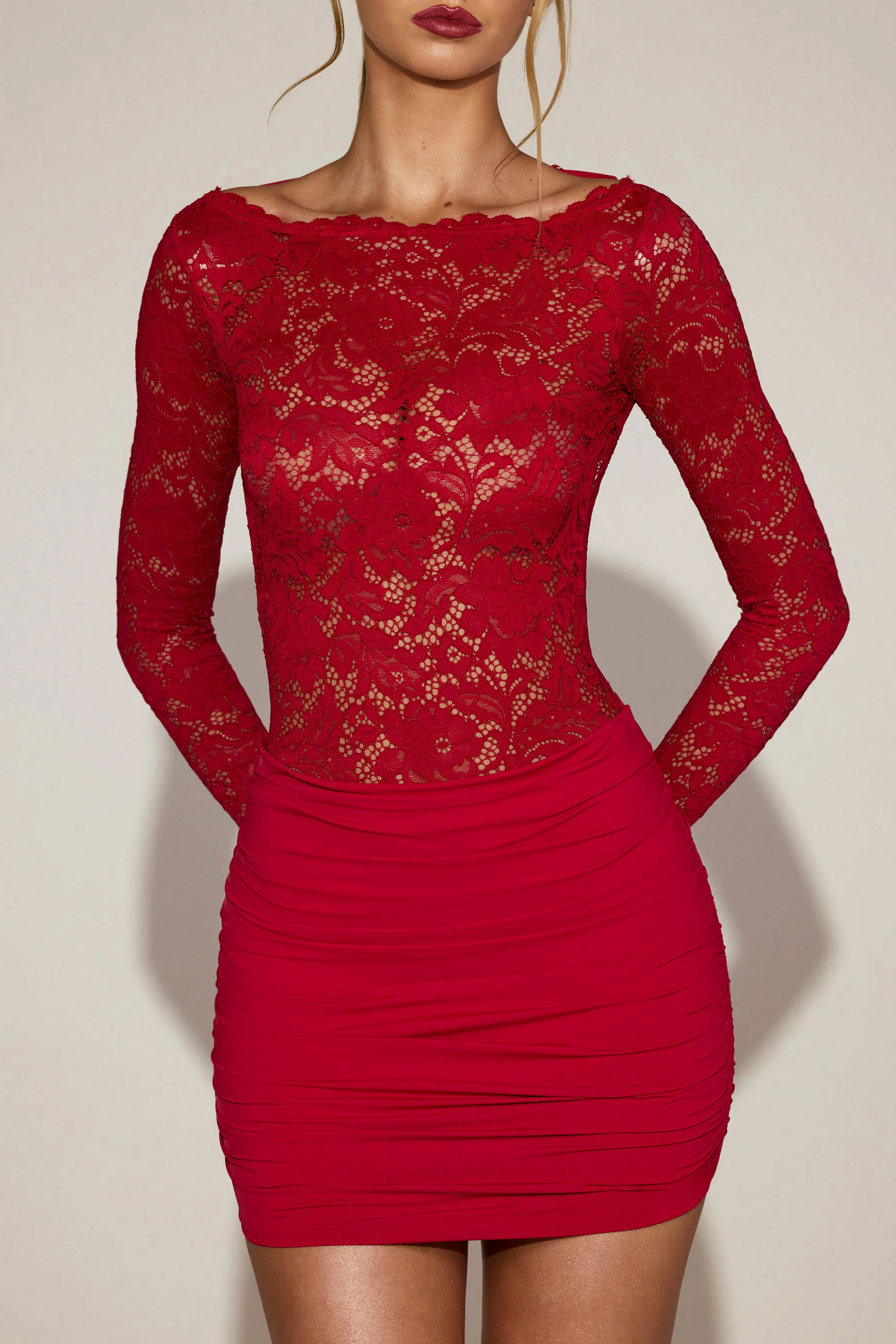 Sheer Lace Boat-Neck Mini Dress in True Red - Image 4