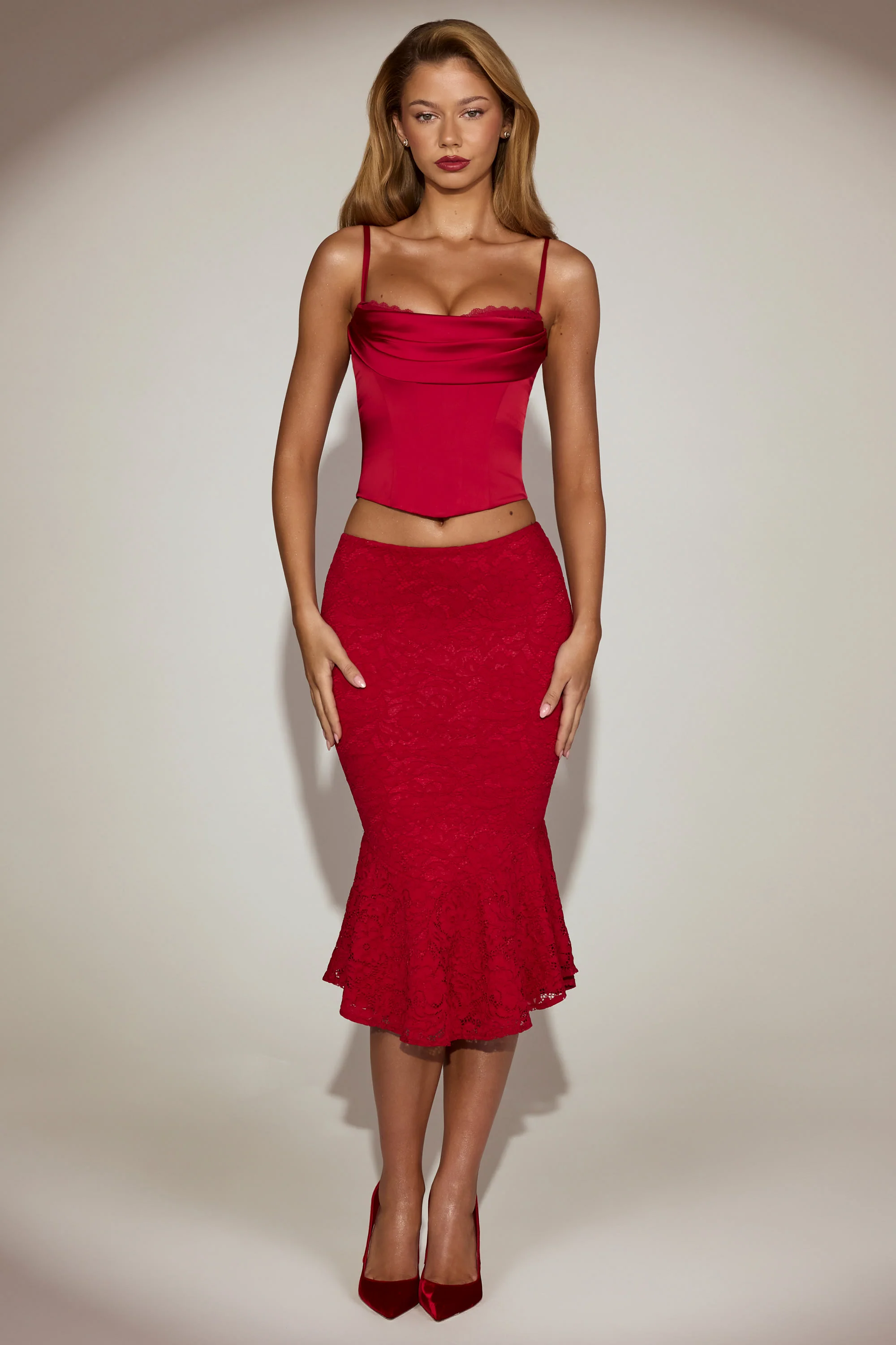 Satin Cowl-Neck Lace-Up Corset Top in True Red - Image 7