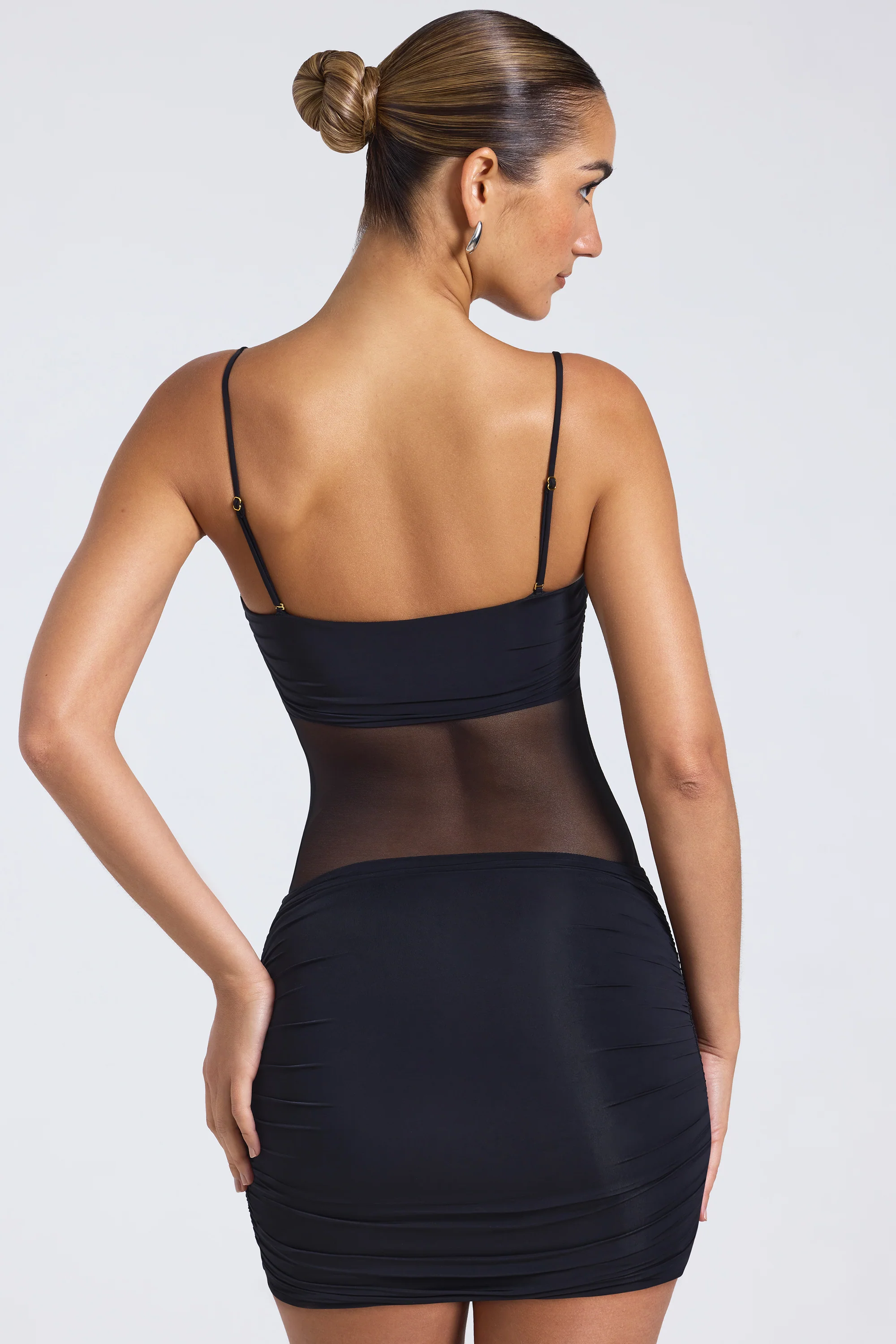 Sheer Panelled Ruched Mini Dress in Black - Image 2