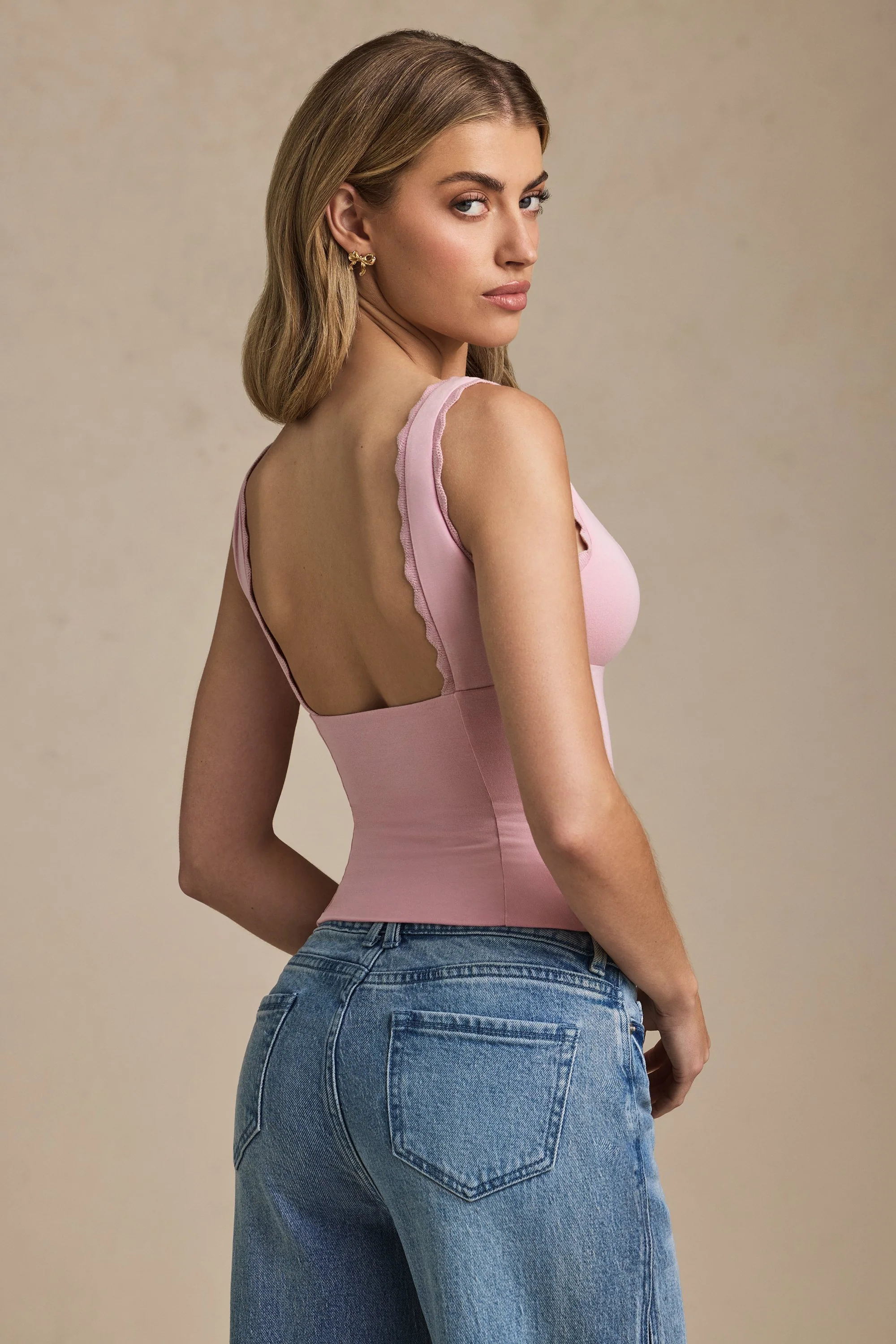 Modal Plunge-Neck Scallop-Trim Tank Top in Soft Pink - Image 6