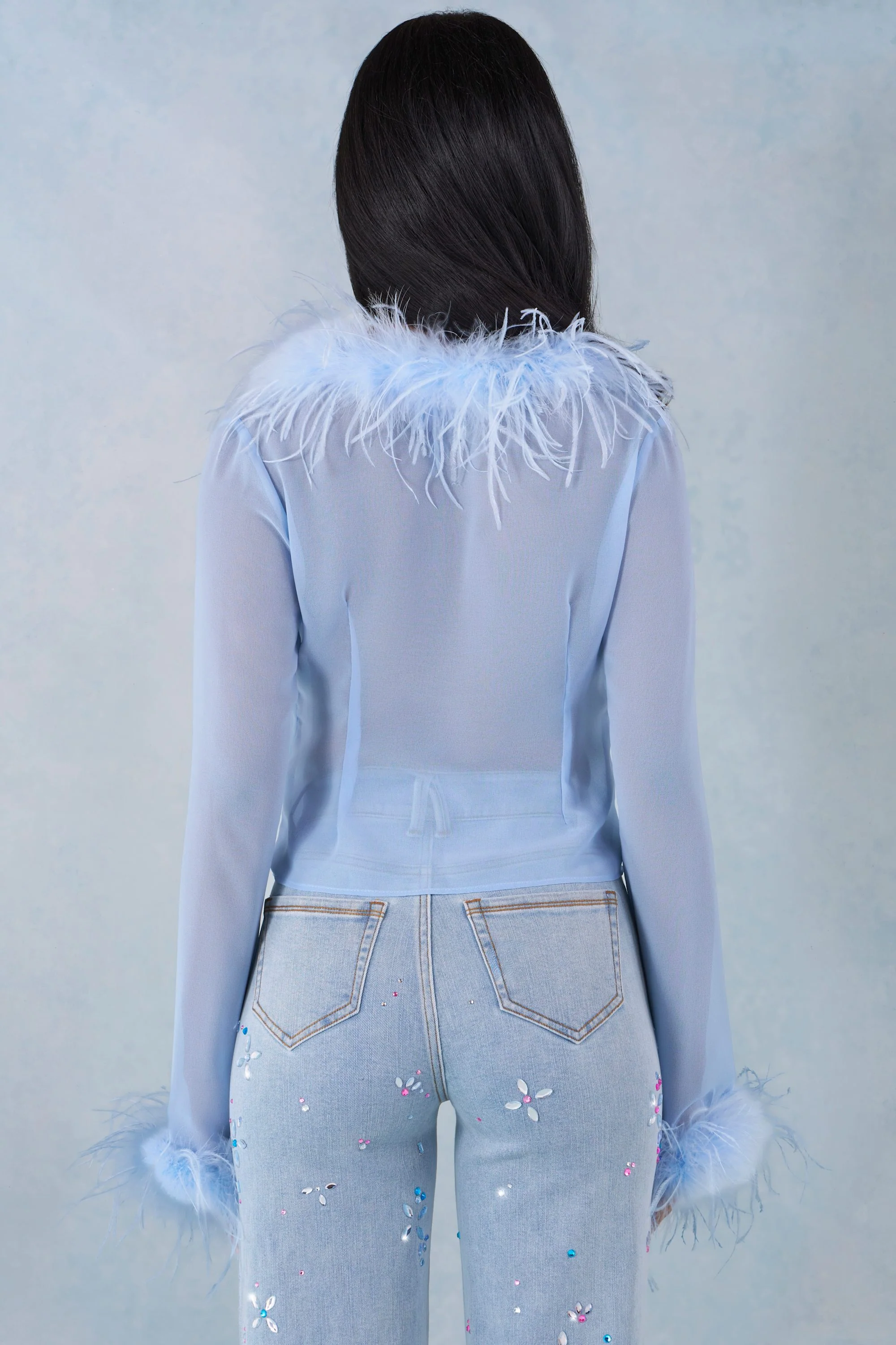 Feather Trim Sheer Top in Soft Blue - Image 5